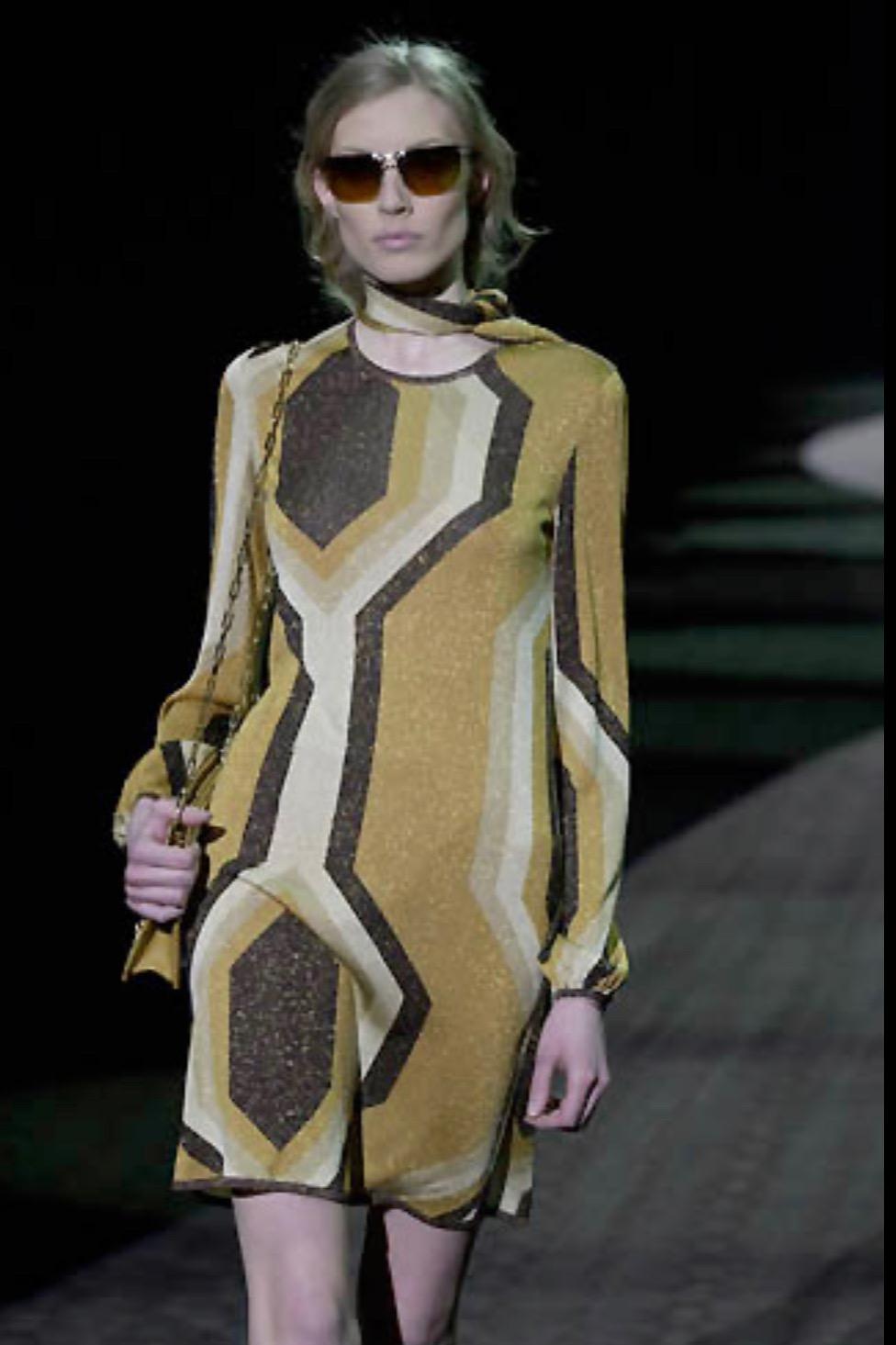 F/W 2000 Gucci by Tom Ford Gold Lurex Geometric Disco Stretch Shift Dress For Sale 1