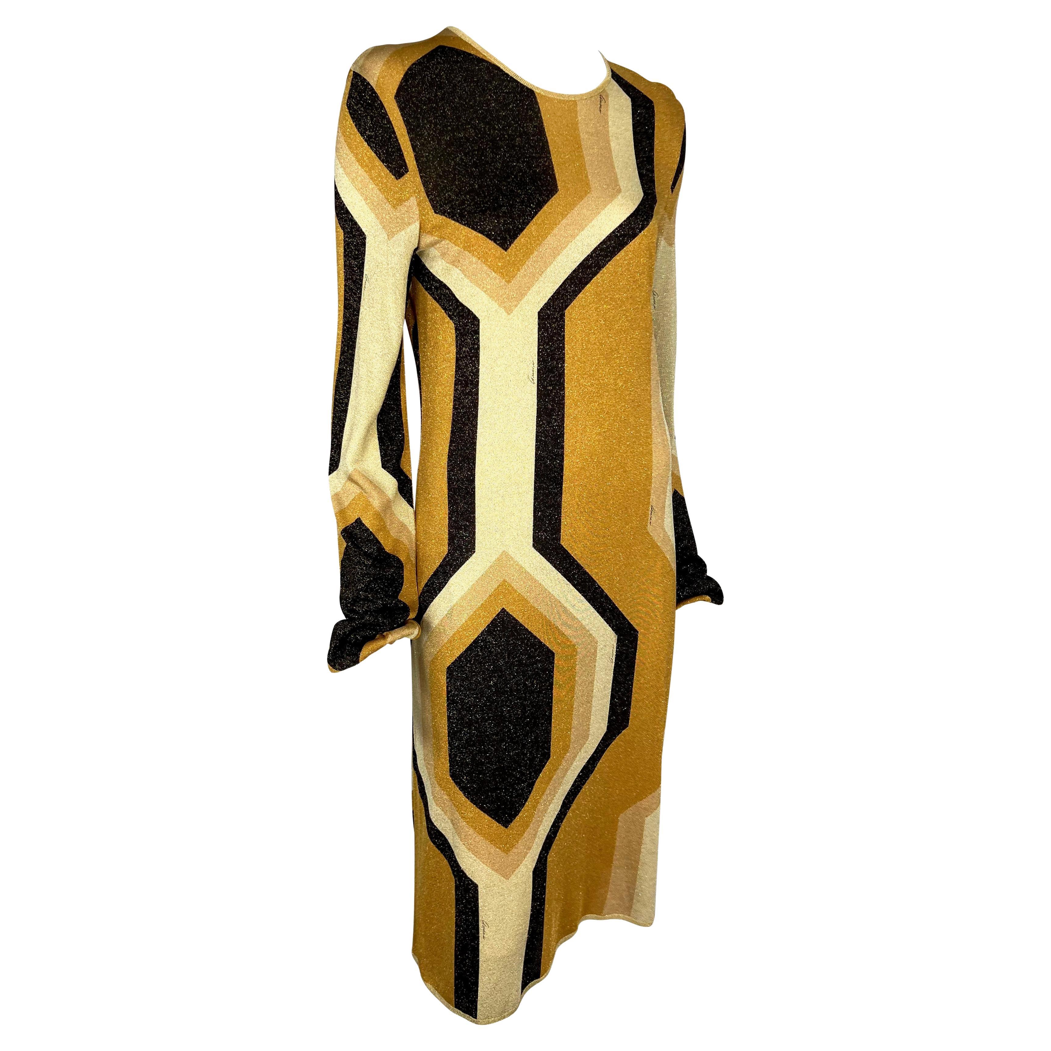 F/W 2000 Gucci by Tom Ford Gold Lurex Geometric Disco Stretch Shift Dress For Sale 2