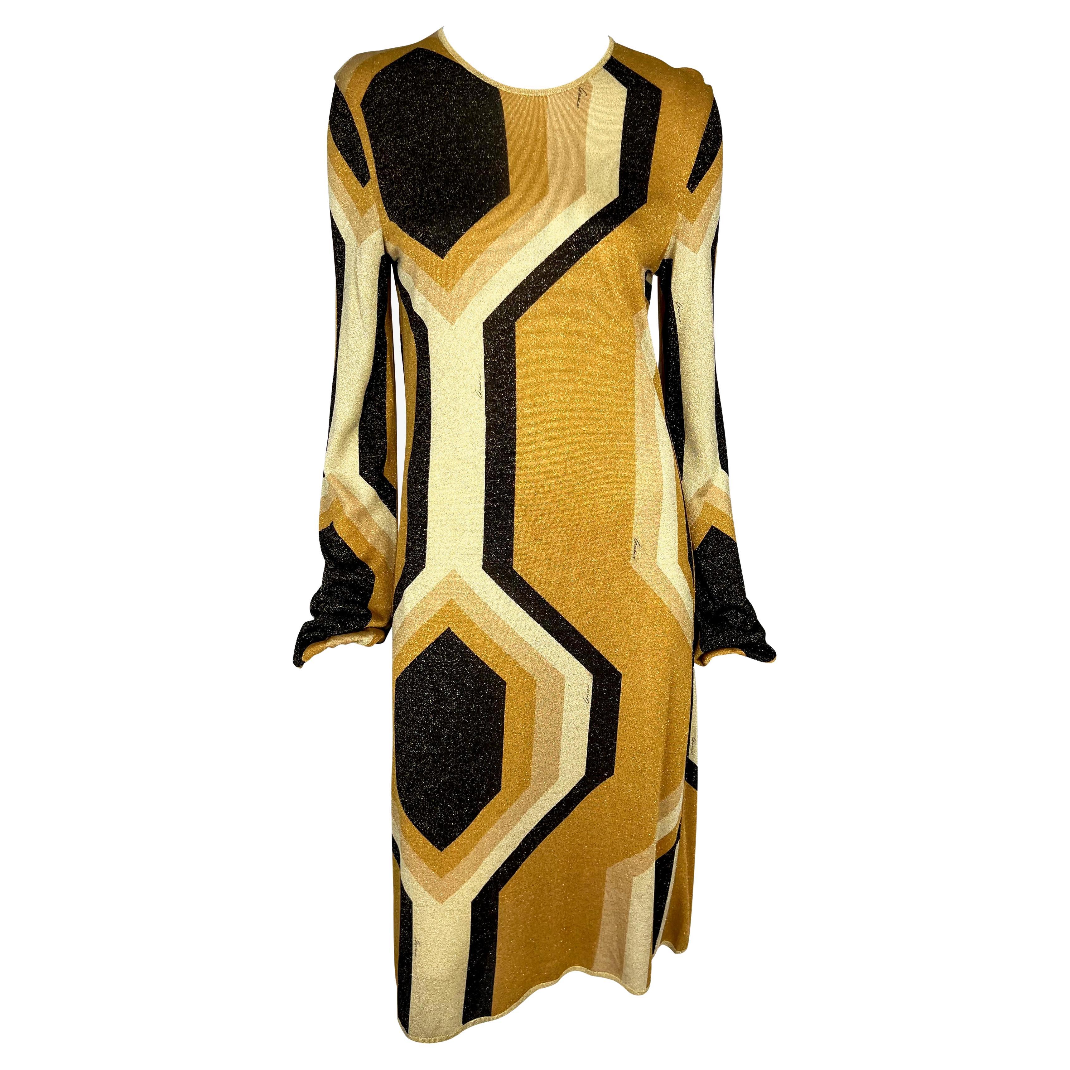 F/W 2000 Gucci by Tom Ford Gold Lurex Geometric Disco Stretch Shift Dress For Sale