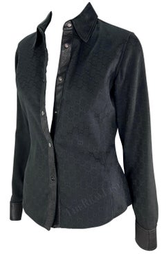 F/W 2000 Gucci by Tom Ford Leather Trim Black GG Monogram Collared Snap Shirt