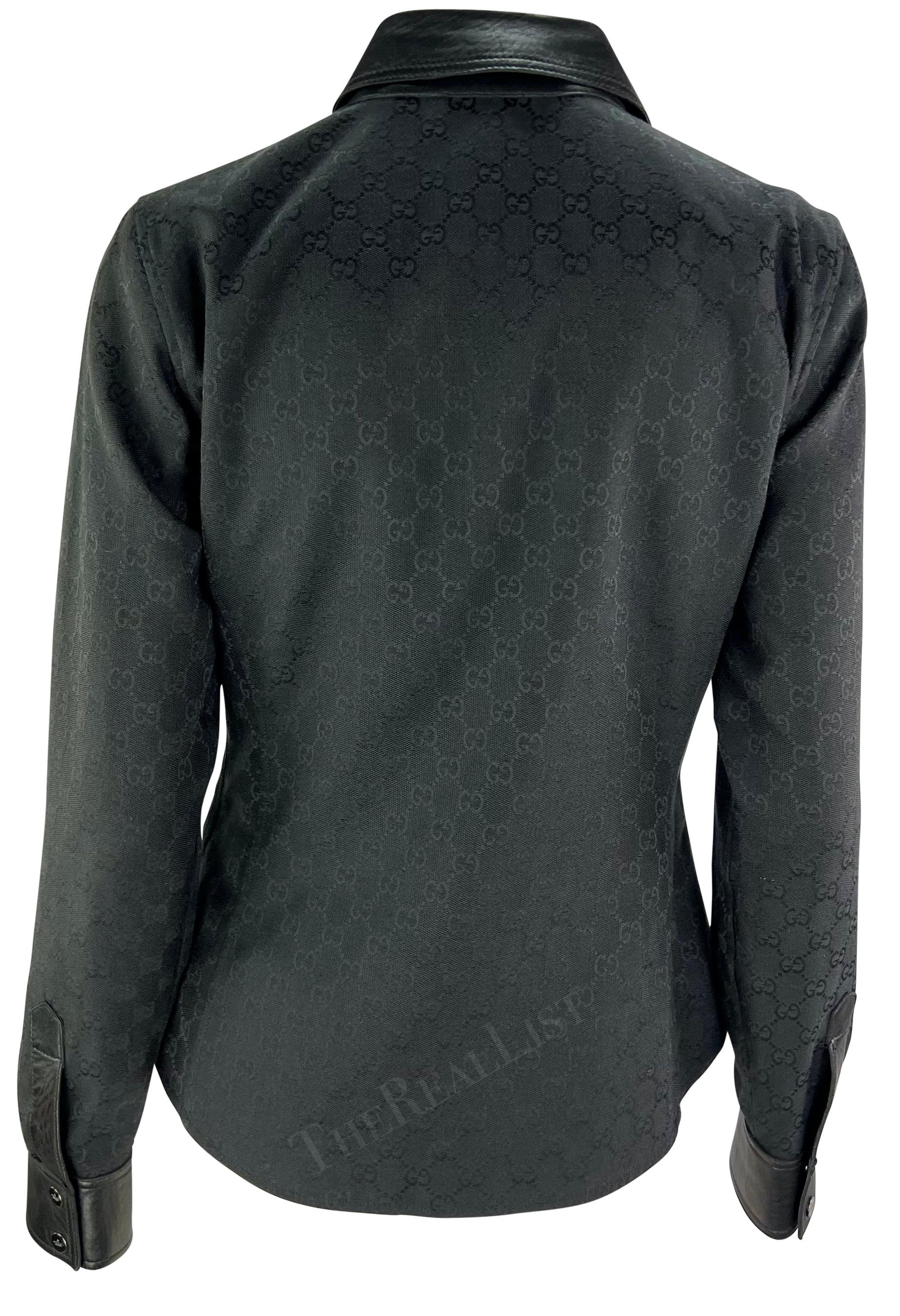 Women's F/W 2000 Gucci by Tom Ford Leather Trim Black GG Monogram Collared Snap Shirt For Sale