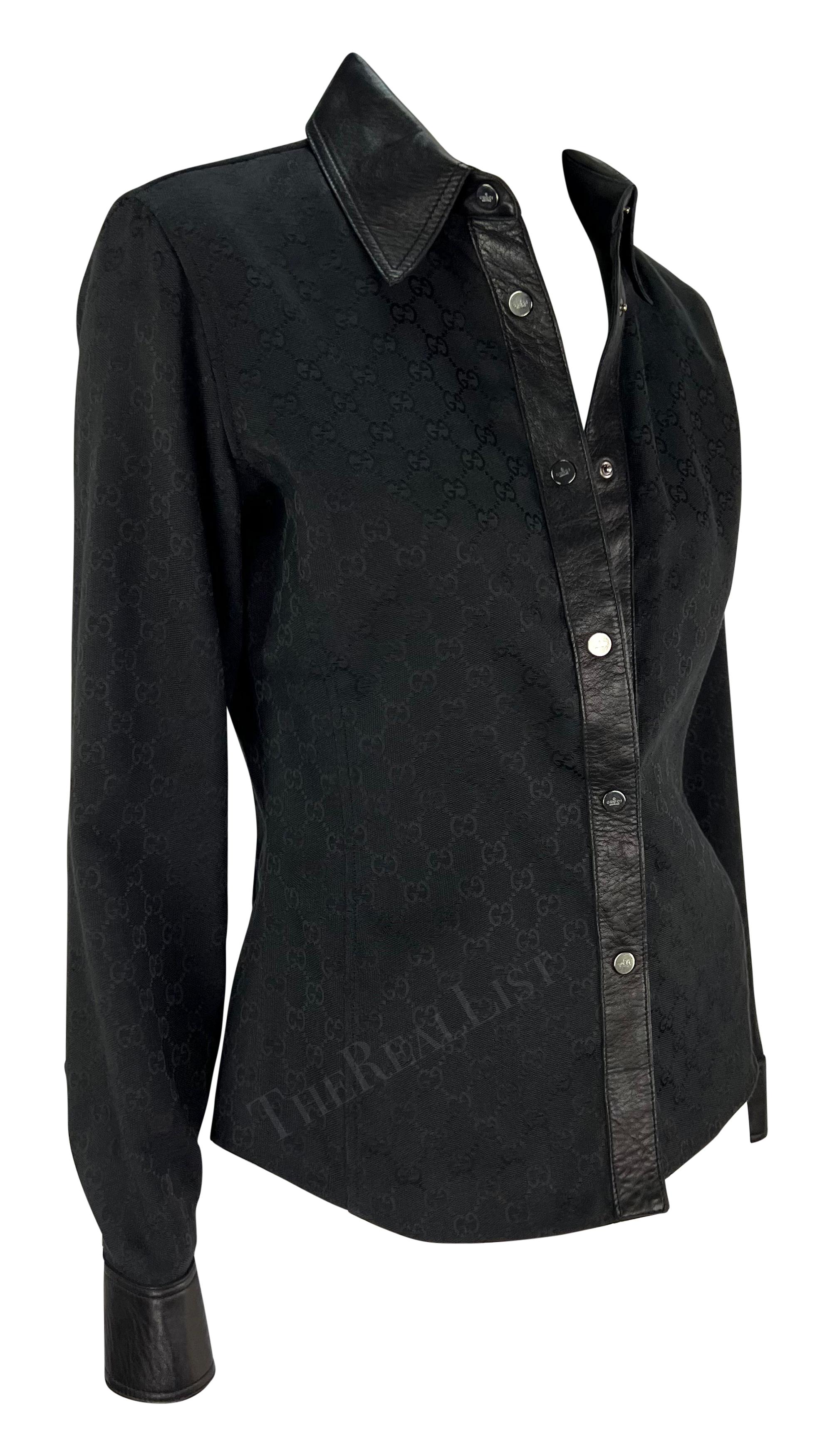 F/W 2000 Gucci by Tom Ford Leather Trim Black GG Monogram Collared Snap Shirt For Sale 2