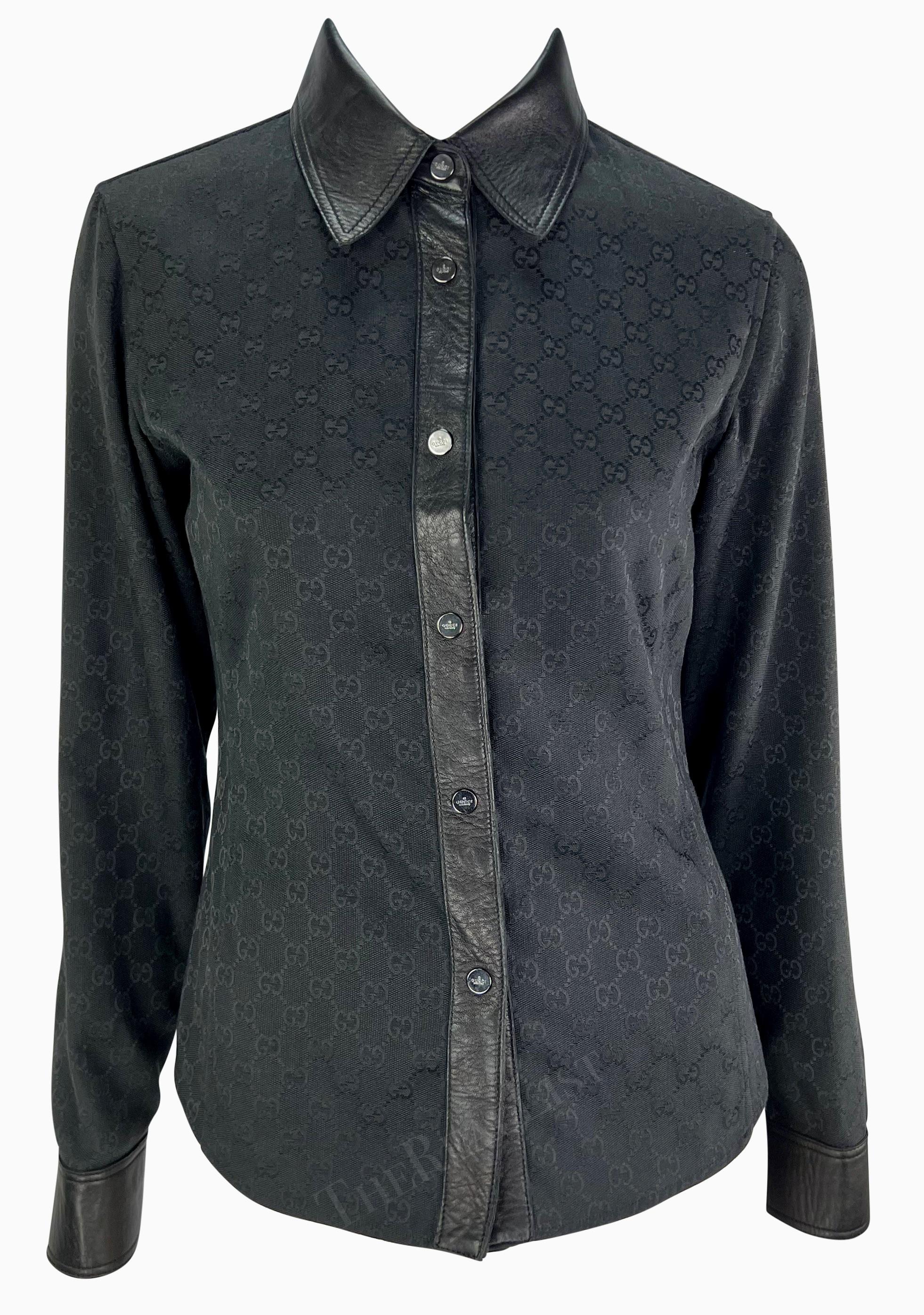 F/W 2000 Gucci by Tom Ford Leather Trim Black GG Monogram Collared Snap Shirt For Sale 3
