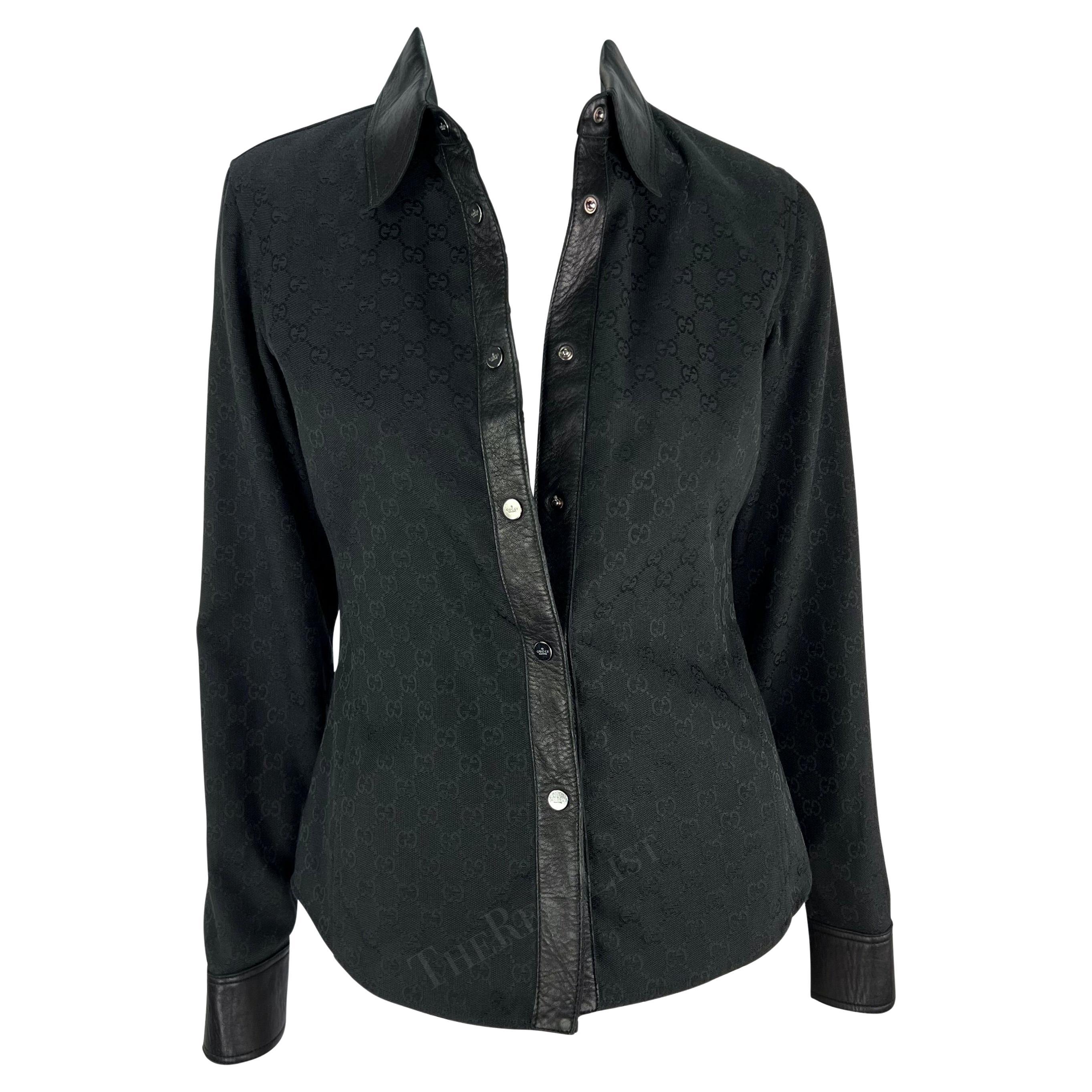 F/W 2000 Gucci by Tom Ford Leather Trim Black GG Monogram Collared Snap Shirt For Sale