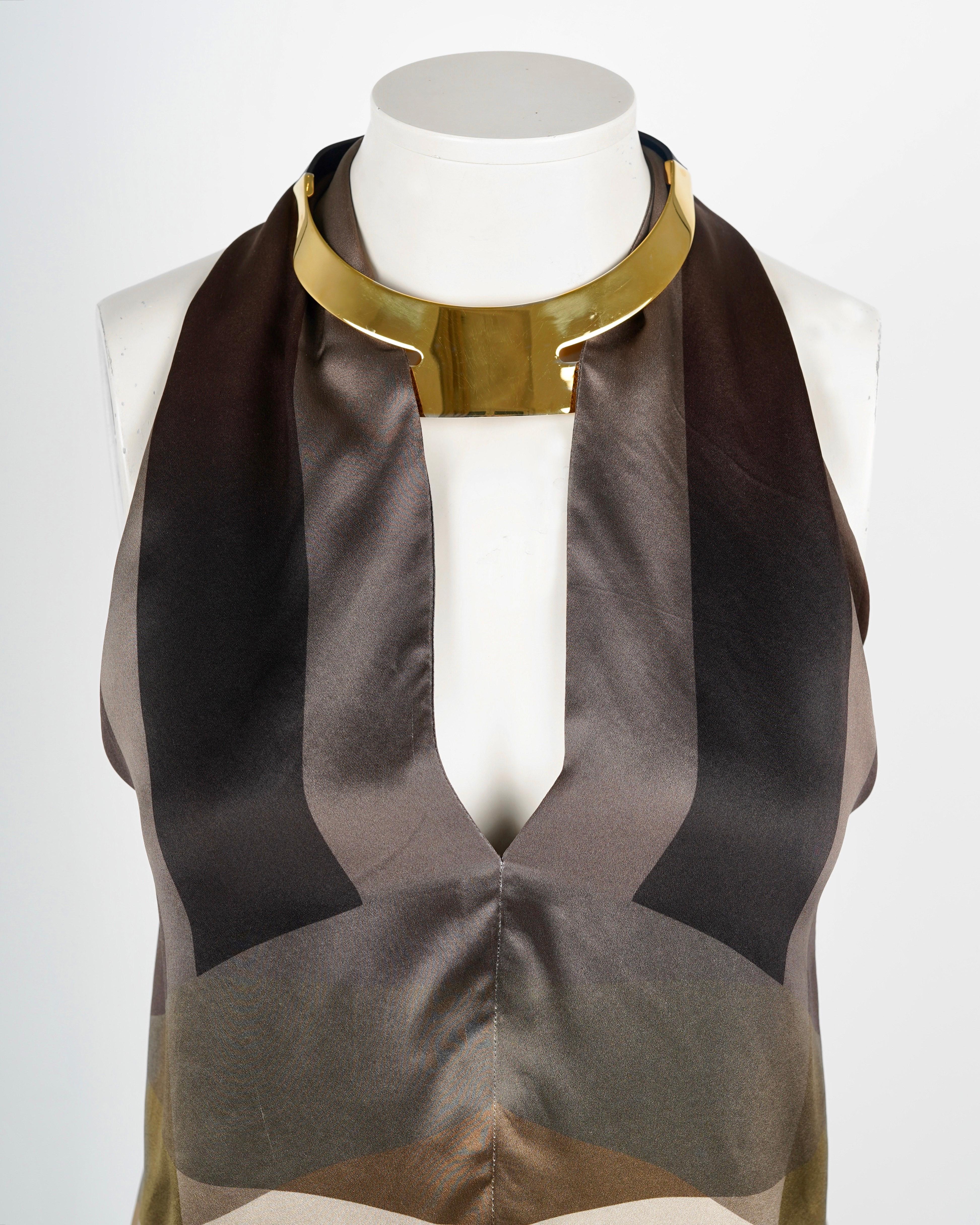 Beige F/W 2000 Gucci By Tom Ford Printed Silk Neckholder Top For Sale