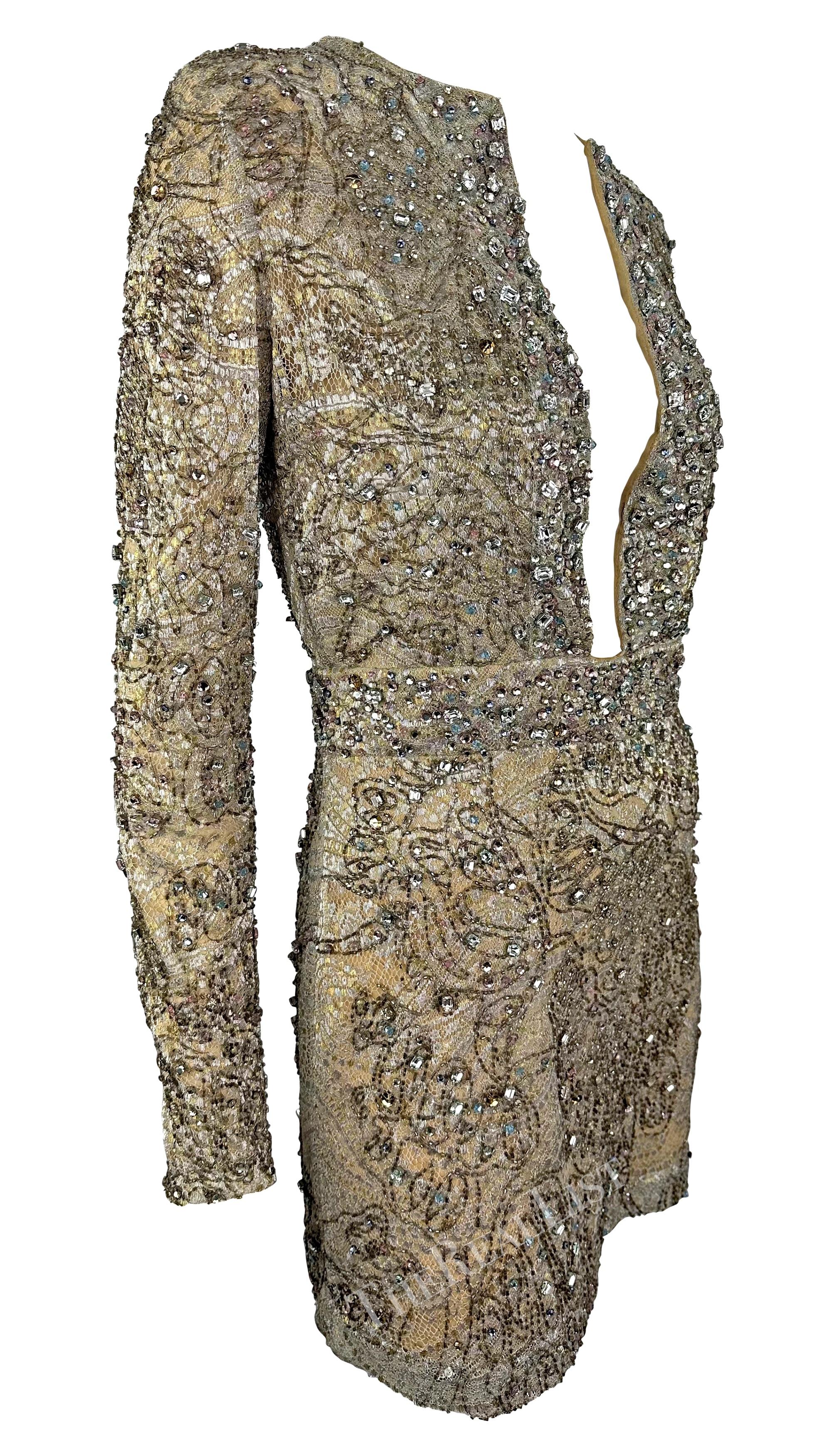 F/W 2000 Gucci by Tom Ford Rhinestone Beaded Plunge Silver Beige Lace Mini Dress For Sale 7