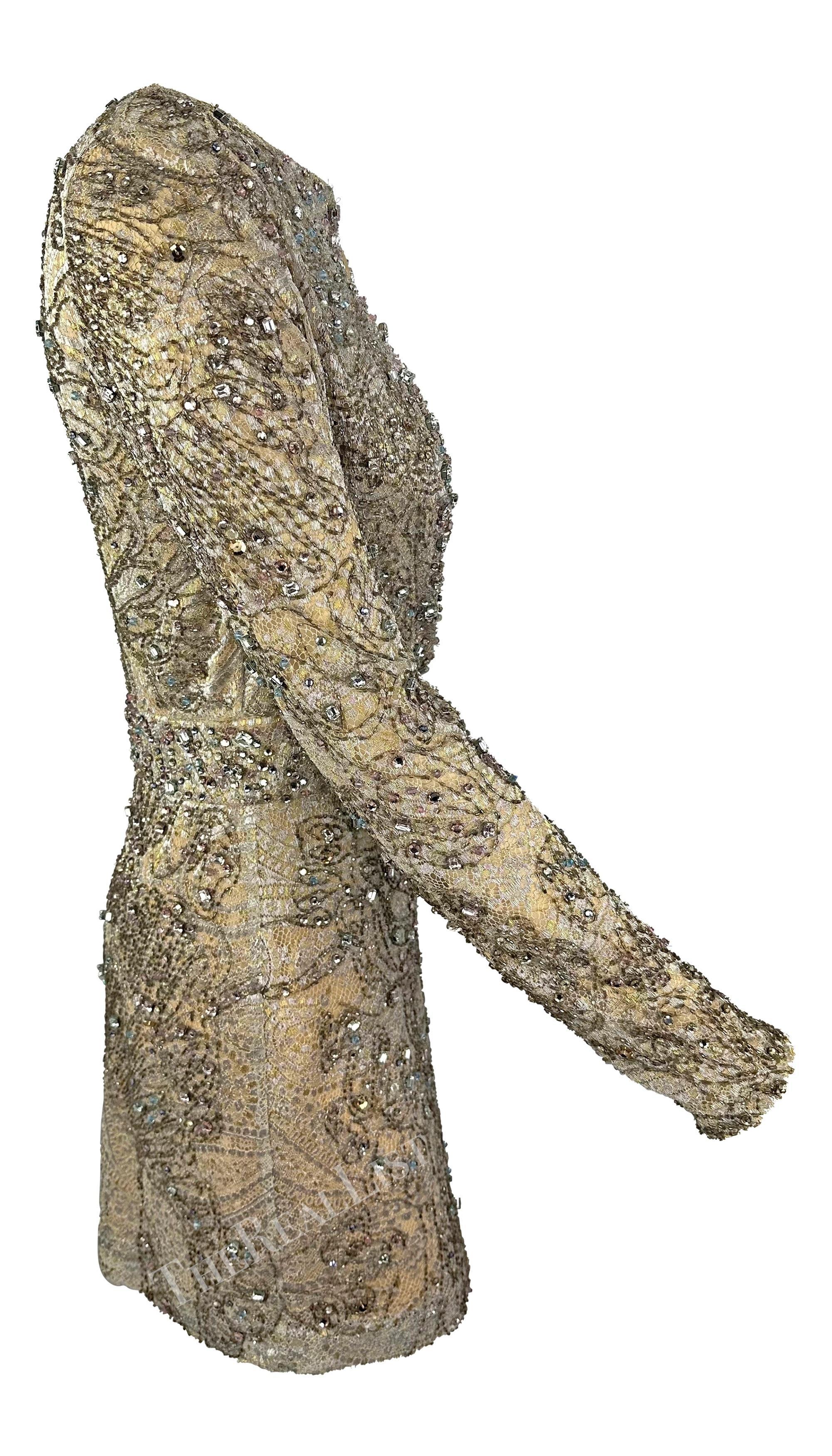 H/W 2000 Gucci by Tom Ford Minikleid aus silberner, beigefarbener Spitze mit Strass-Perlen und tiefem Ausschnitt im Angebot 6