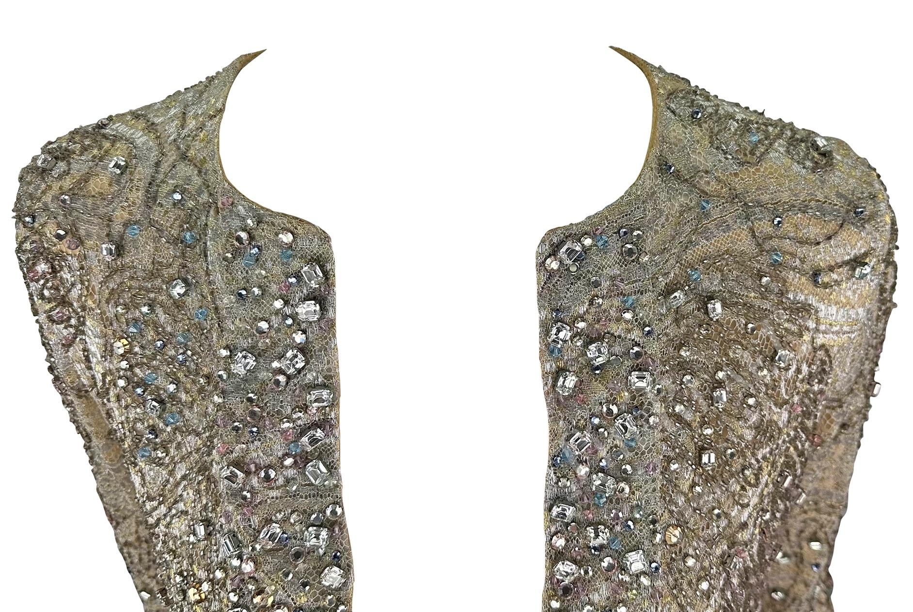 F/W 2000 Gucci by Tom Ford Rhinestone Beaded Plunge Silver Beige Lace Mini Dress For Sale 8