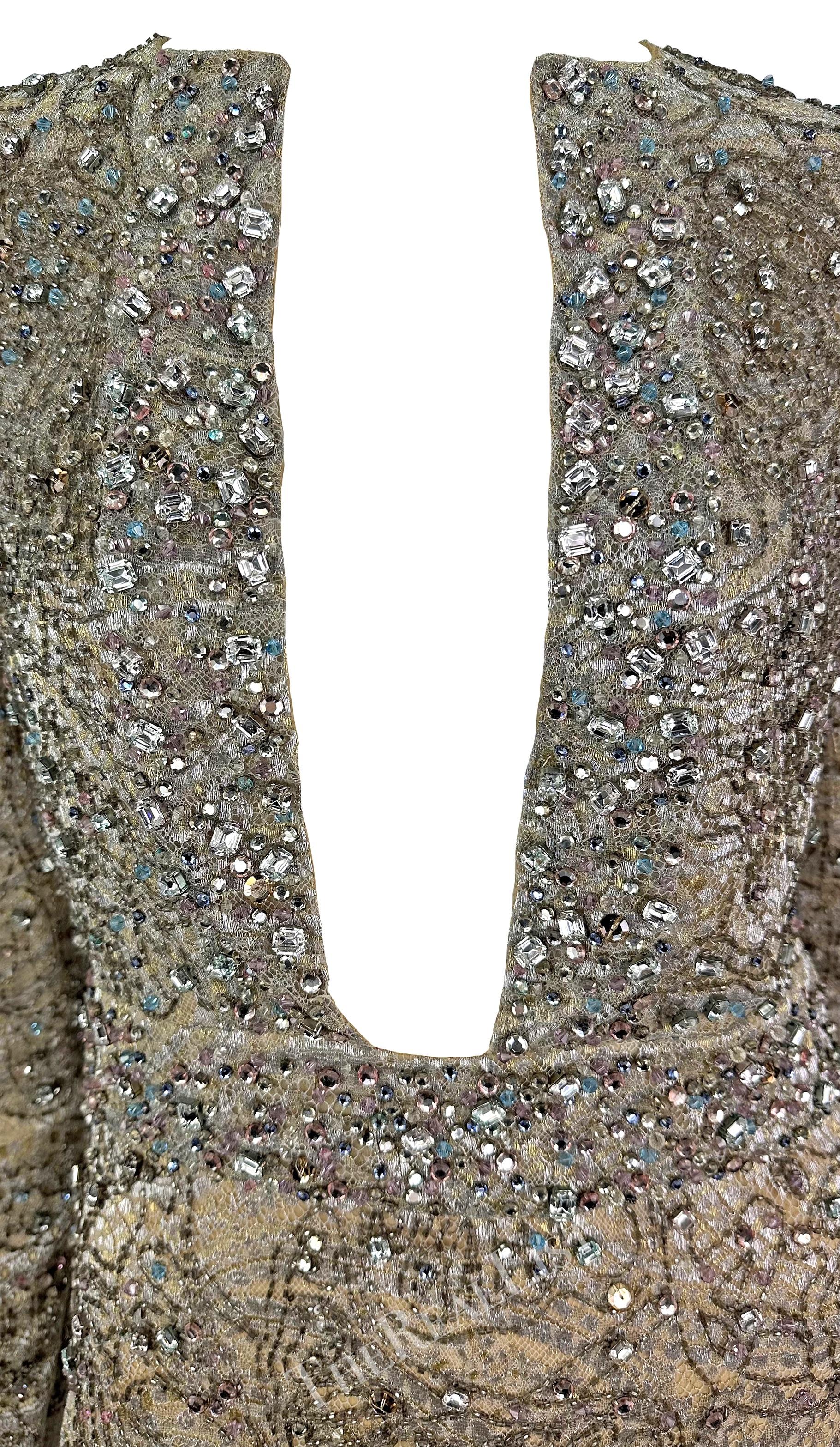 Women's F/W 2000 Gucci by Tom Ford Rhinestone Beaded Plunge Silver Beige Lace Mini Dress For Sale