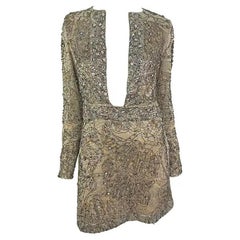 F/W 2000 Gucci by Tom Ford Rhinestone Beaded Plunge Silver Beige Lace Mini Dress
