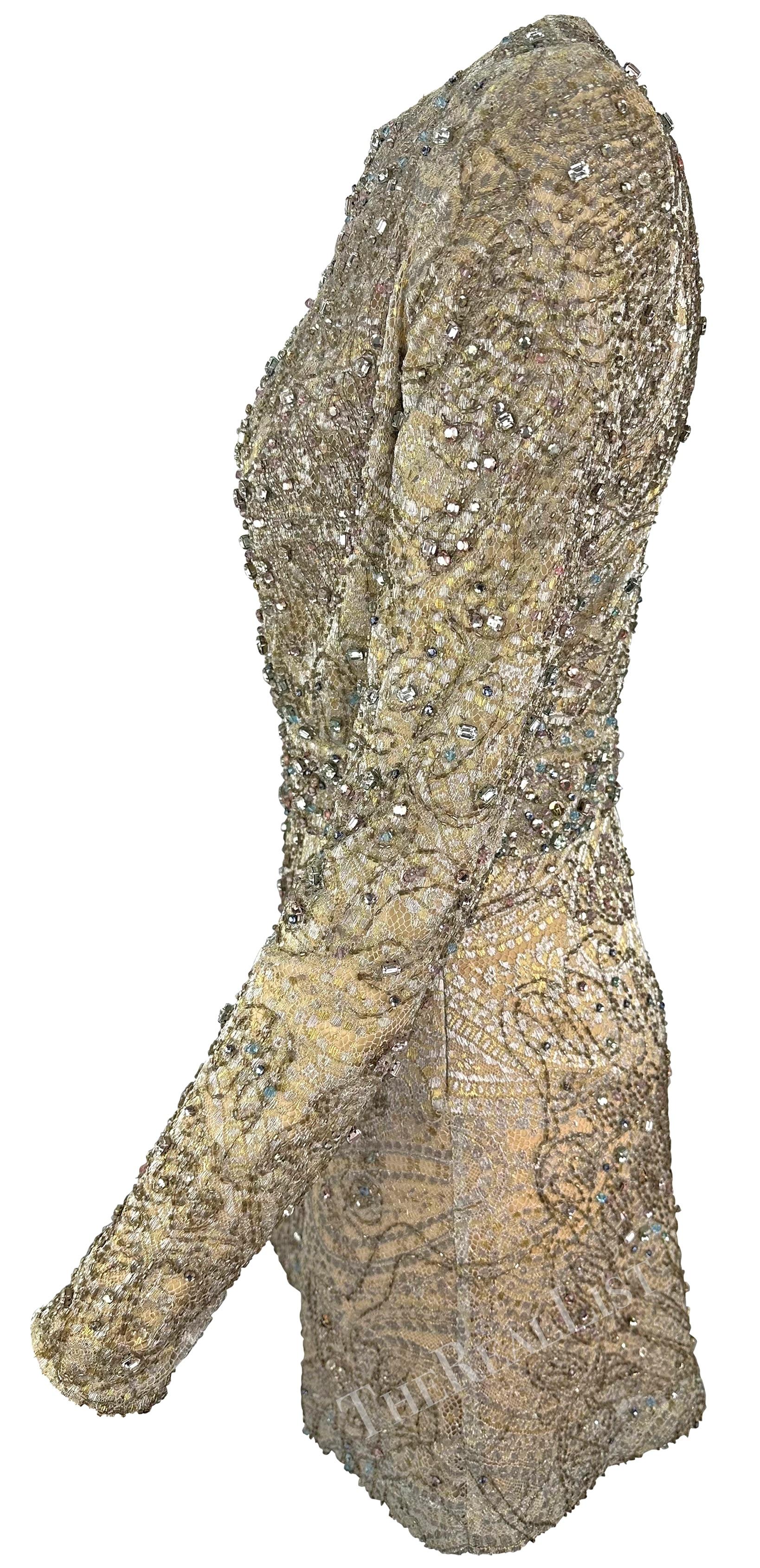 F/W 2000 Gucci by Tom Ford Rhinestone Beaded Plunge Silver Beige Lace Mini Dress For Sale 4