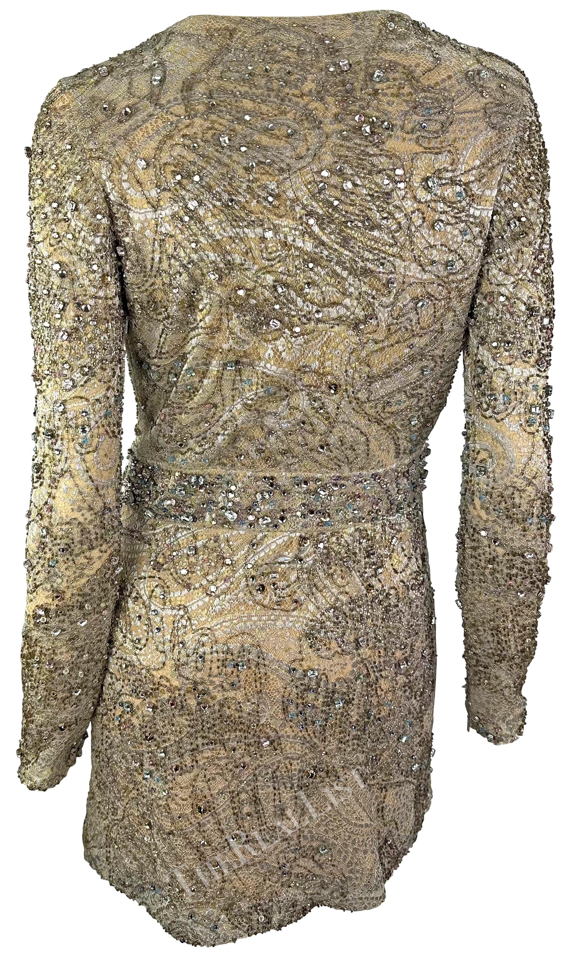 F/W 2000 Gucci by Tom Ford Rhinestone Beaded Plunge Silver Beige Lace Mini Dress For Sale 5