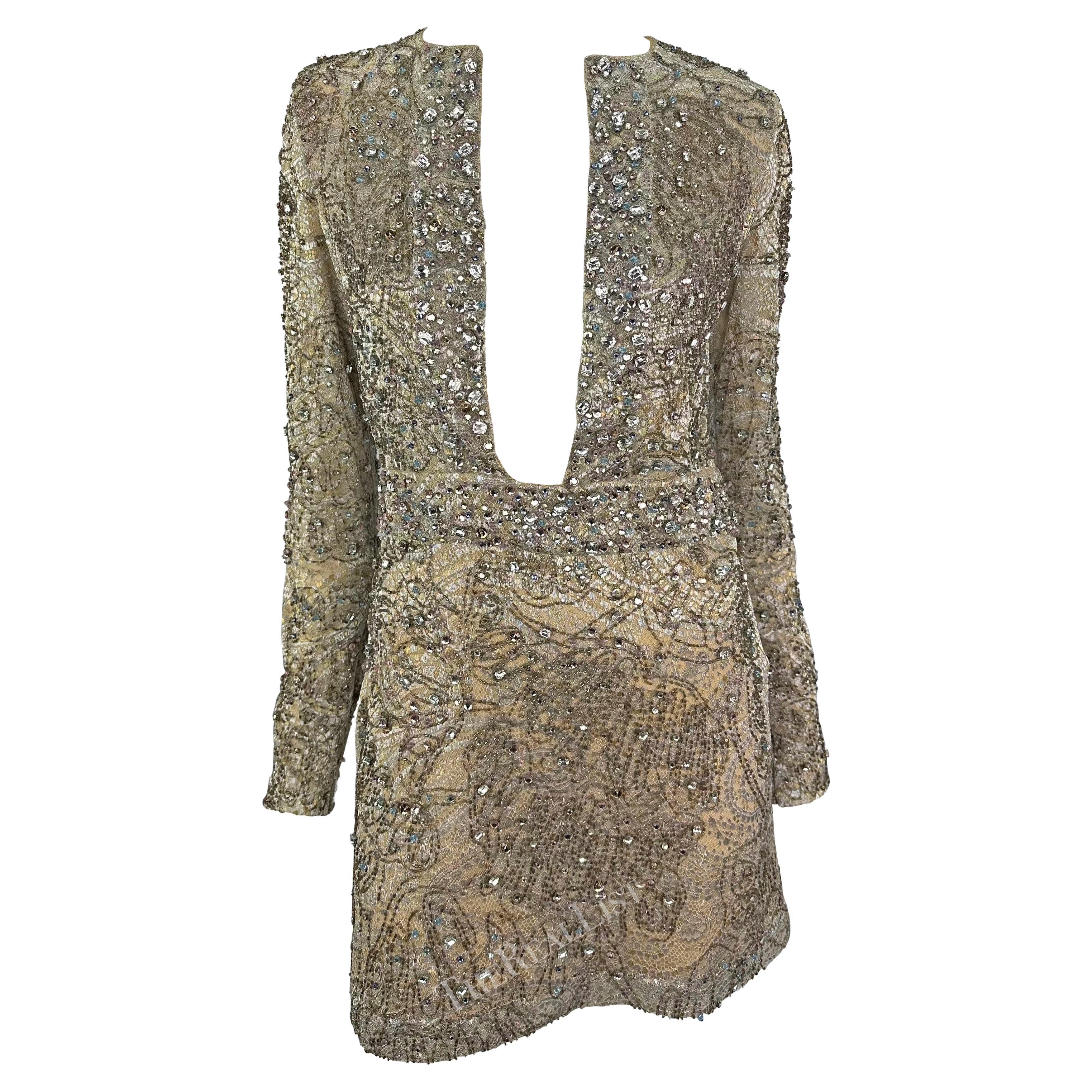F/W 2000 Gucci by Tom Ford Rhinestone Beaded Plunge Silver Beige Lace Mini Dress For Sale