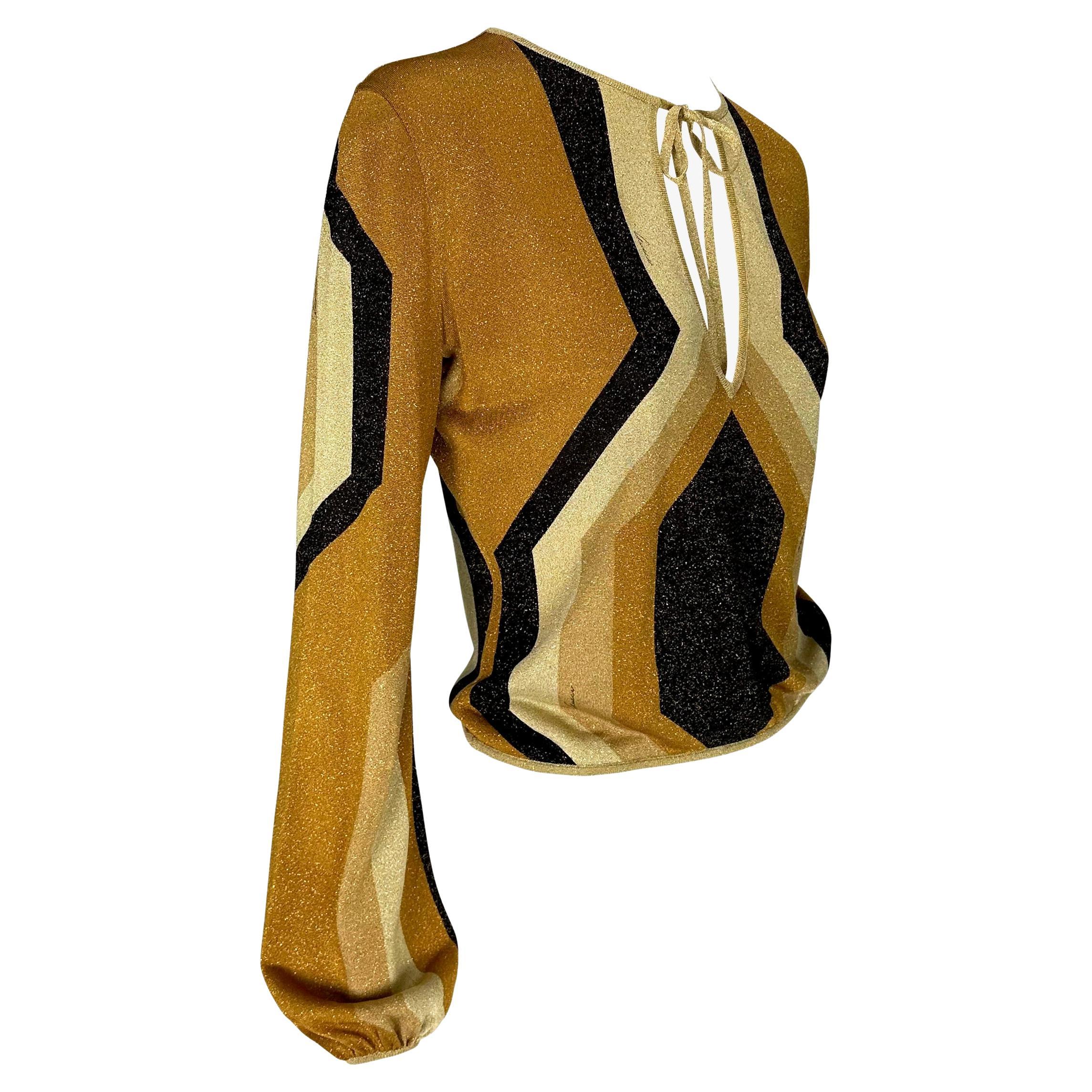 F/W 2000 Gucci by Tom Ford Runway Gold Metallic Lurex Knit Long Sleeve Top Y2K 4
