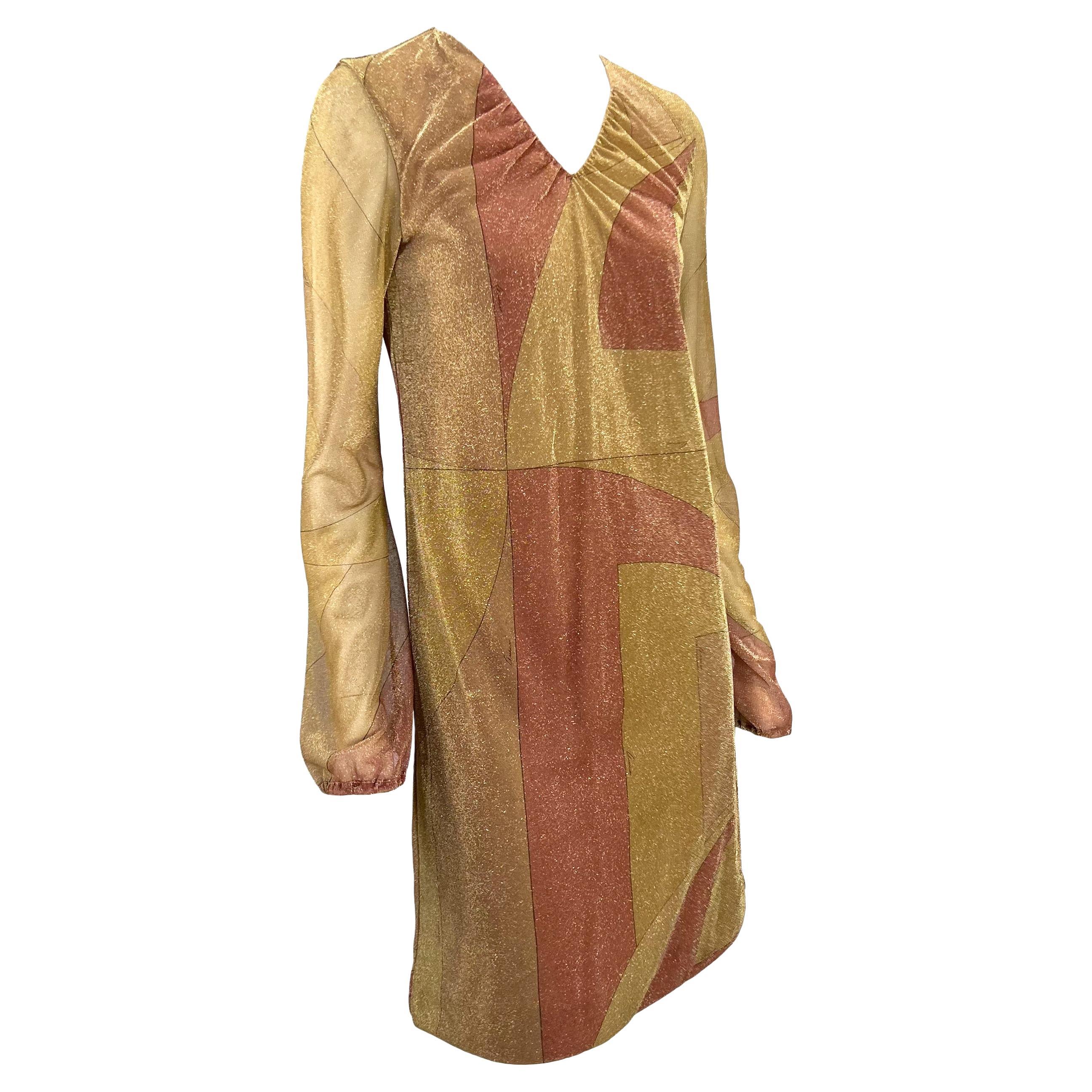 Brown F/W 2000 Gucci by Tom Ford Runway Gold Pink Lurex Metallic Sheer Dress Y2K For Sale