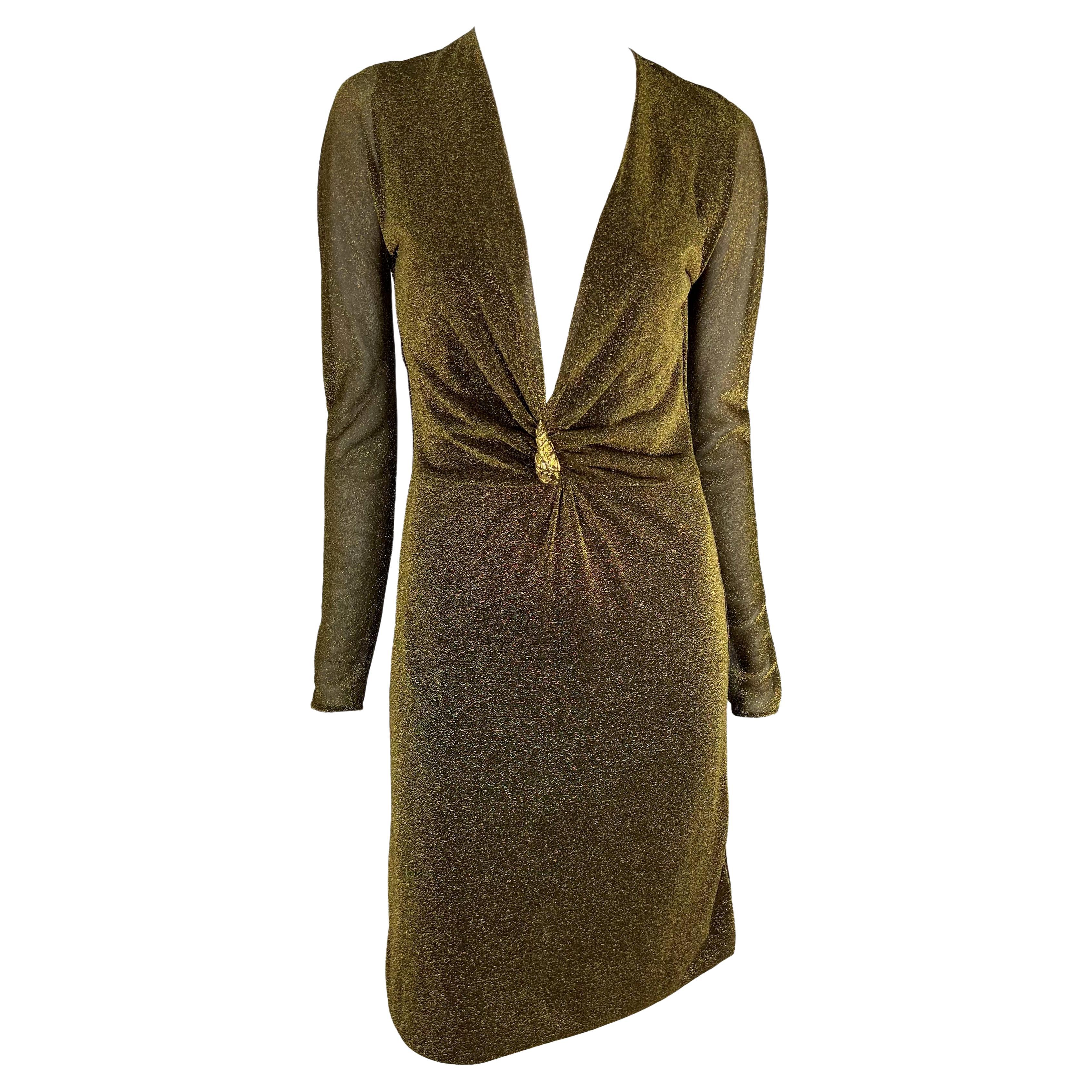 F/W 2000 Gucci by Tom Ford Runway Metallic Lurex Sheer Dress Tiger Accent For Sale