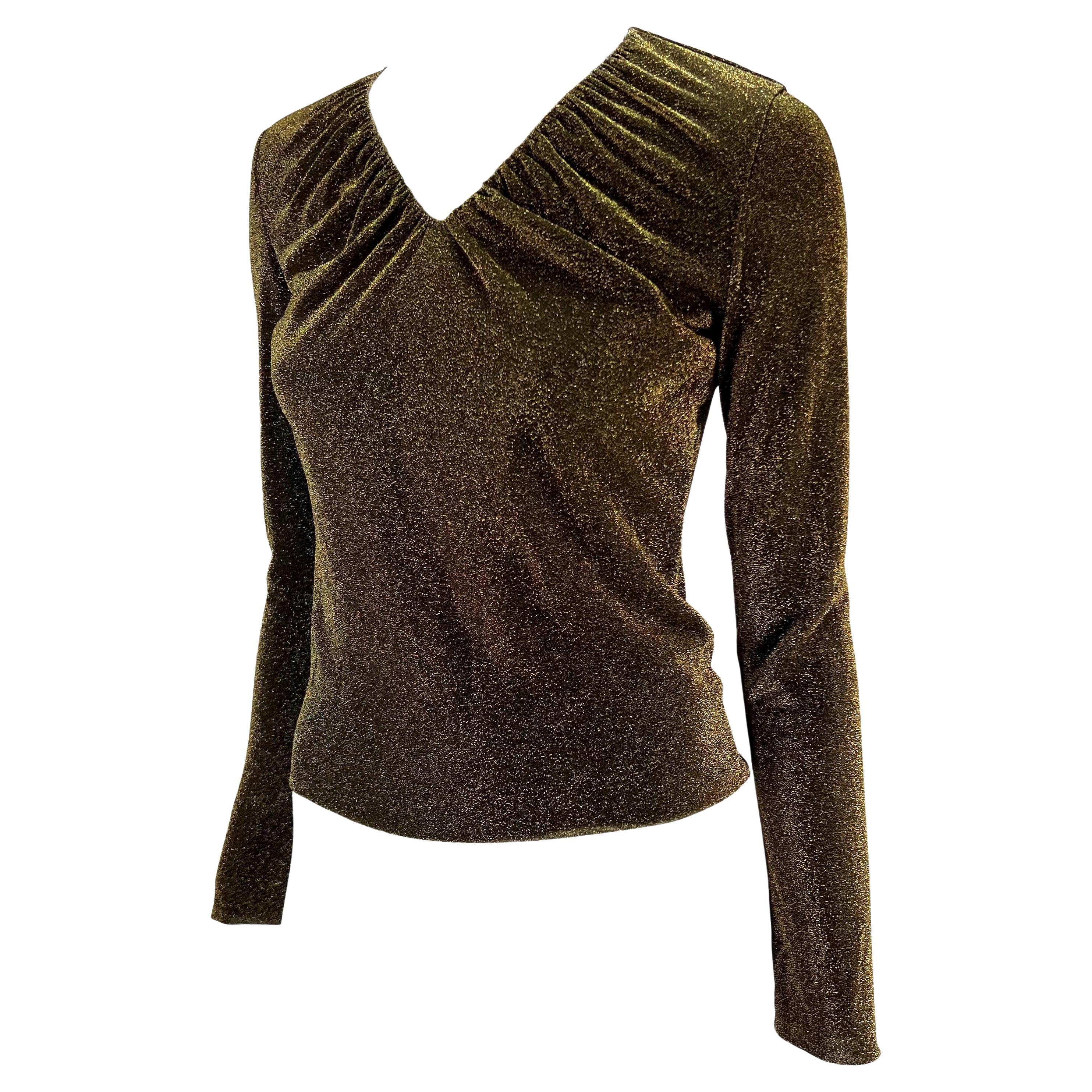 Black F/W 2000 Gucci by Tom Ford Sheer Gold Lurex V-Neck Long-Sleeve Metallic Top Y2K For Sale