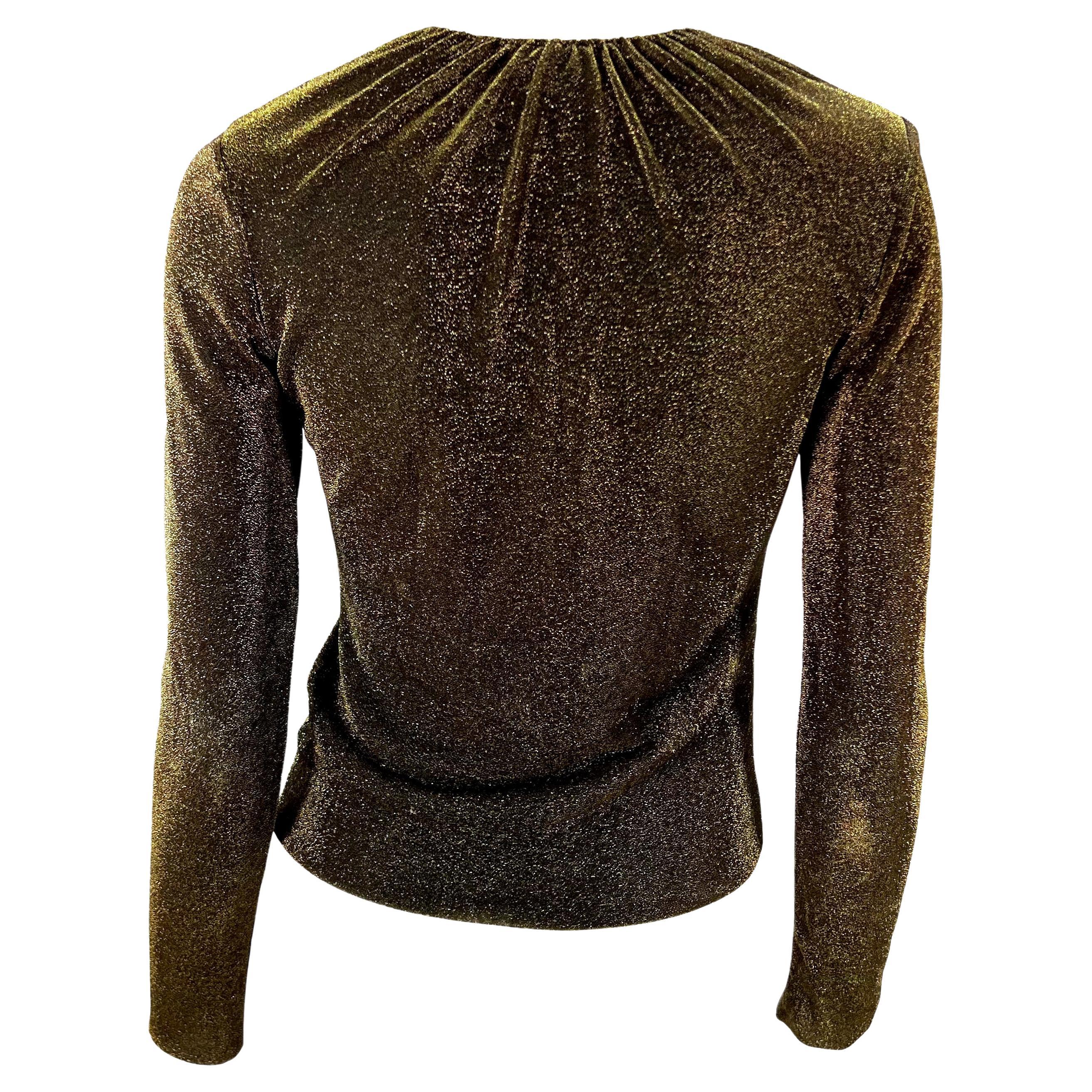 Women's F/W 2000 Gucci by Tom Ford Sheer Gold Lurex V-Neck Long-Sleeve Metallic Top Y2K For Sale