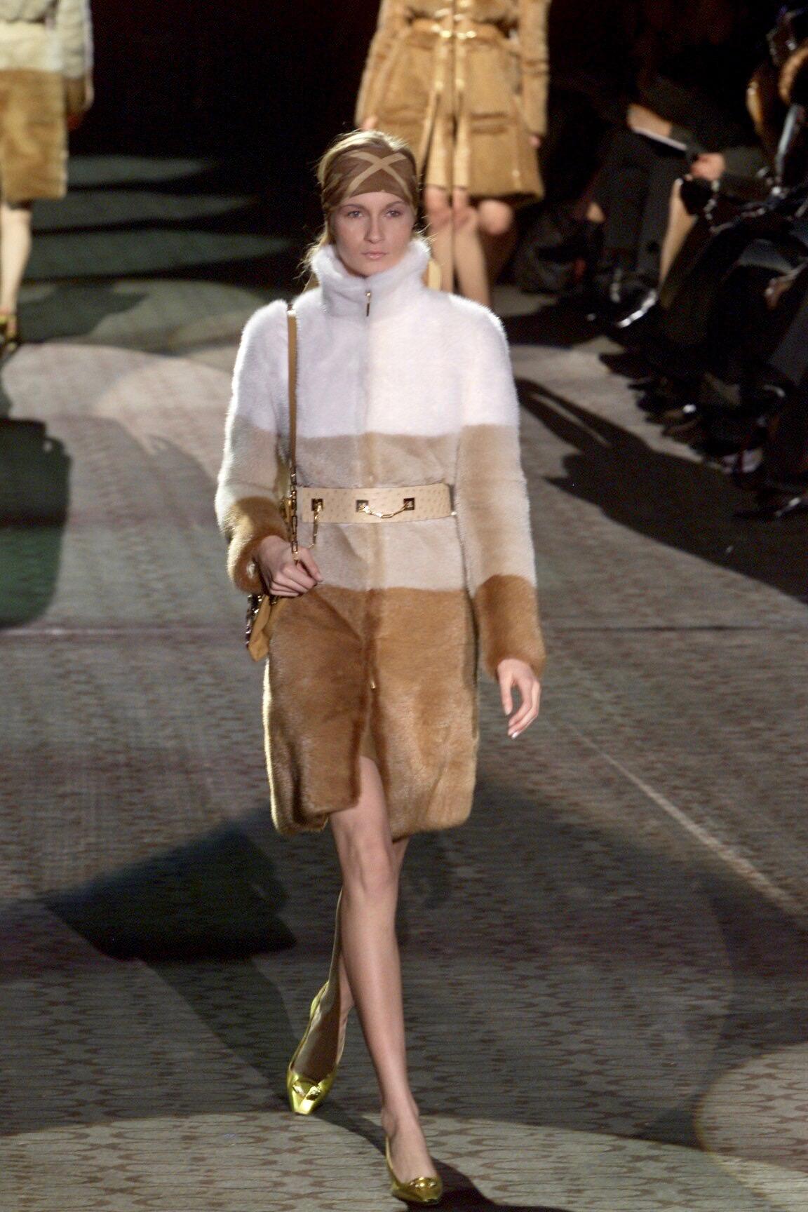 Tom Ford designed this marvelous tricolor, color-blocked Gucci mink coat. The coat was presented as Look 37, worn by Danita Angell on the Fall/Winter 2000 runway, and was worn by Jennifer Lopez in a W magazine shot by Michael Thompson. This fabulous