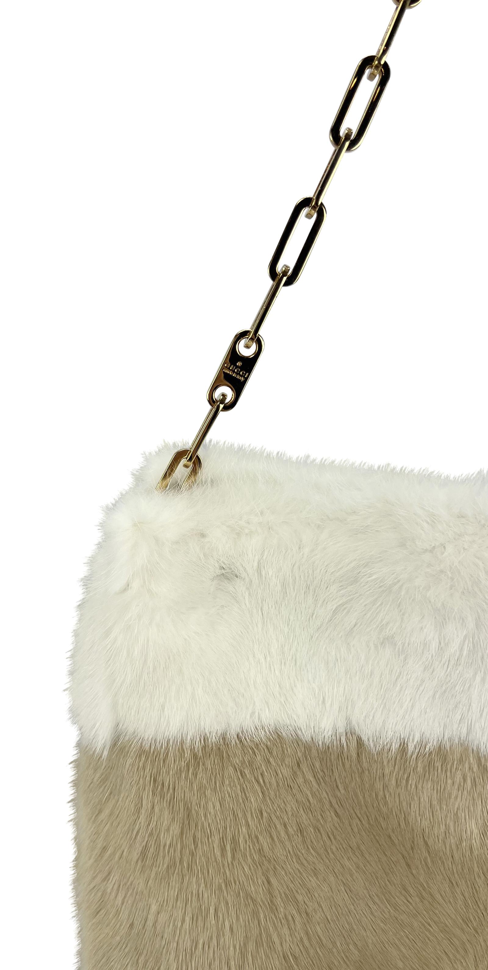 Brown F/W 2000 Gucci by Tom Ford Tricolor White Tan Mink Gold Logo Chain Shoulder Bag
