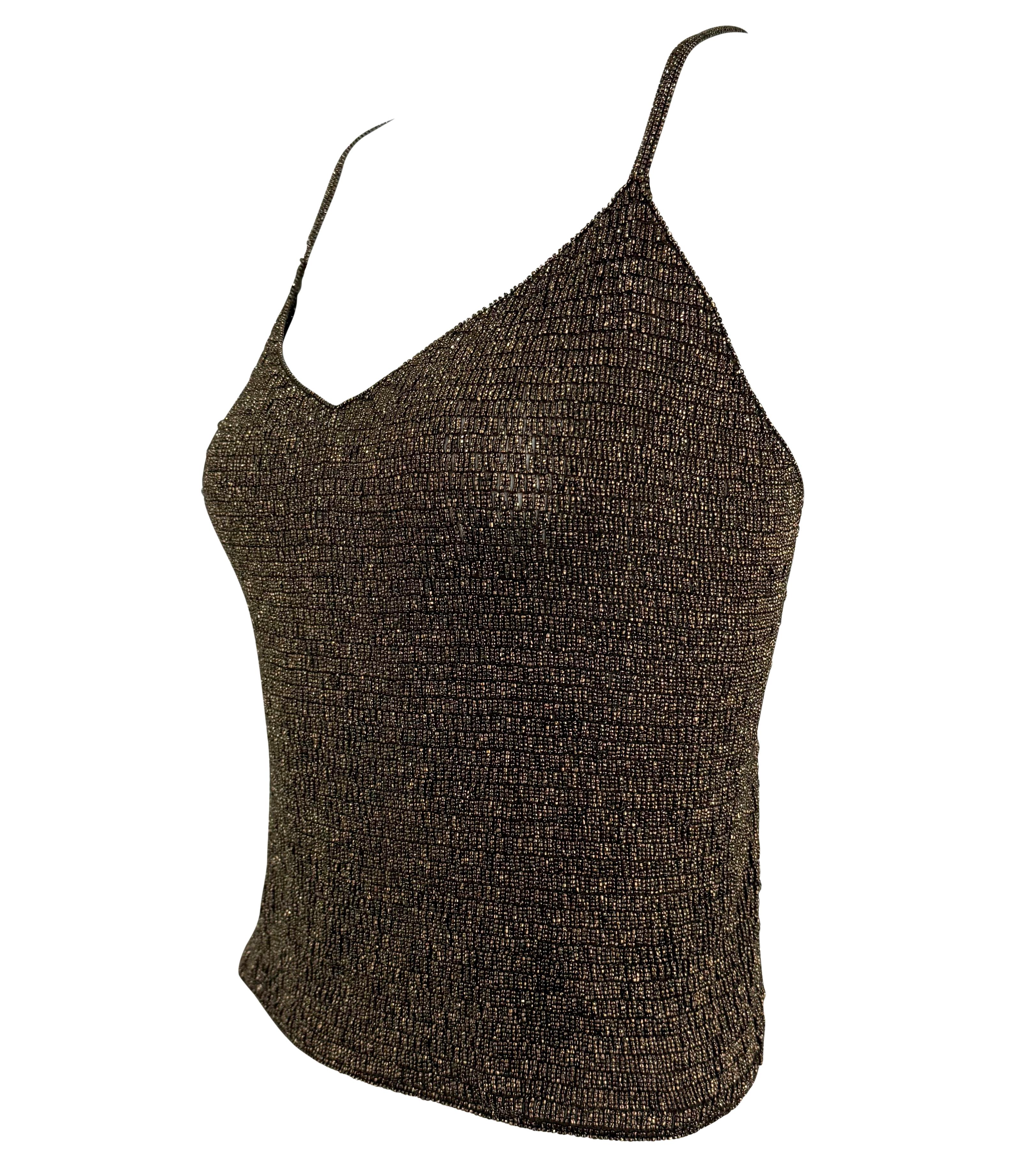F/W 2000 Ralph Lauren Runway Débardeur Cami en maille transparente, fortement perlé, bronze Pour femmes en vente