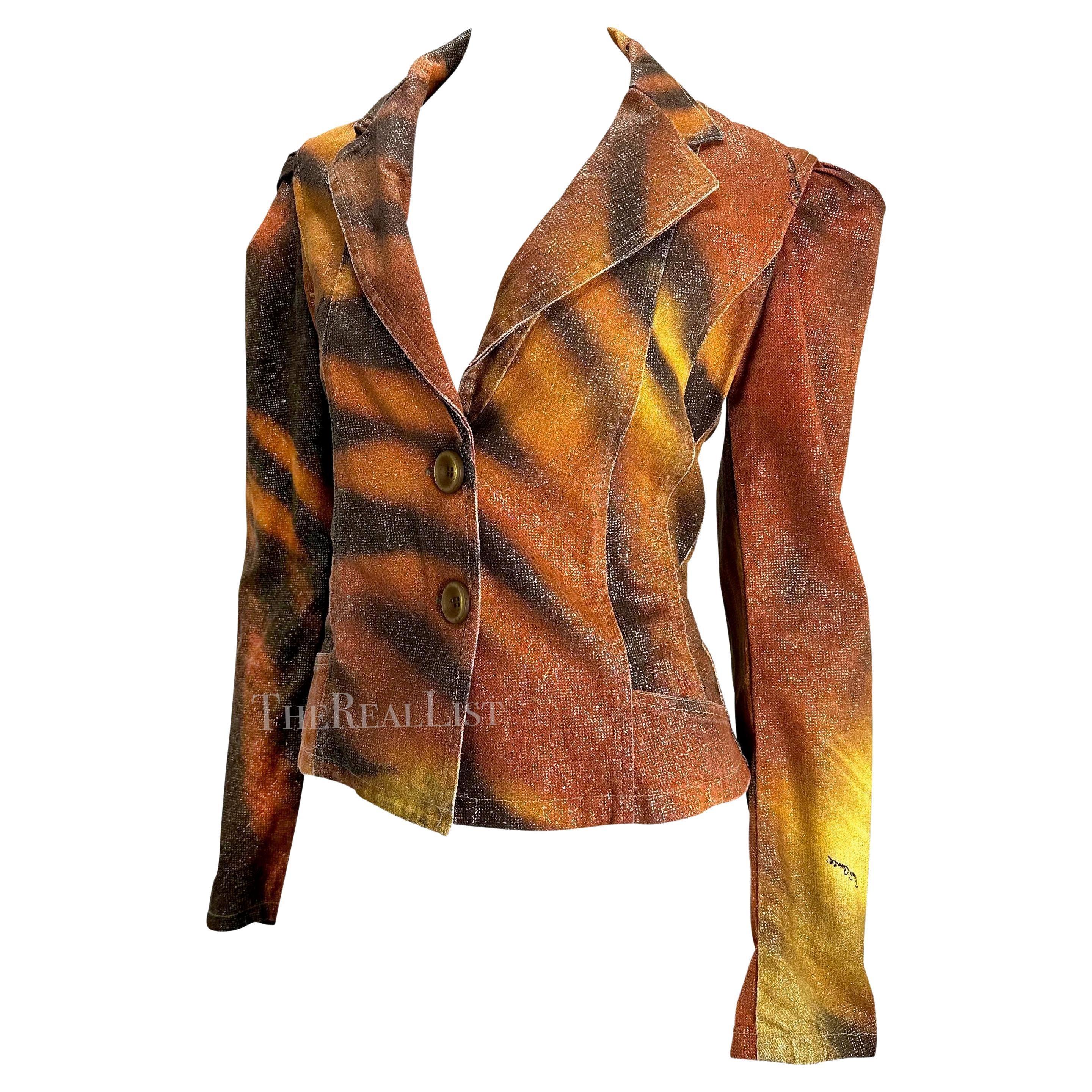 F/W 2000 Roberto Cavalli Chaqueta Blazer Naranja Estampado Tigre Purpurina en venta 2