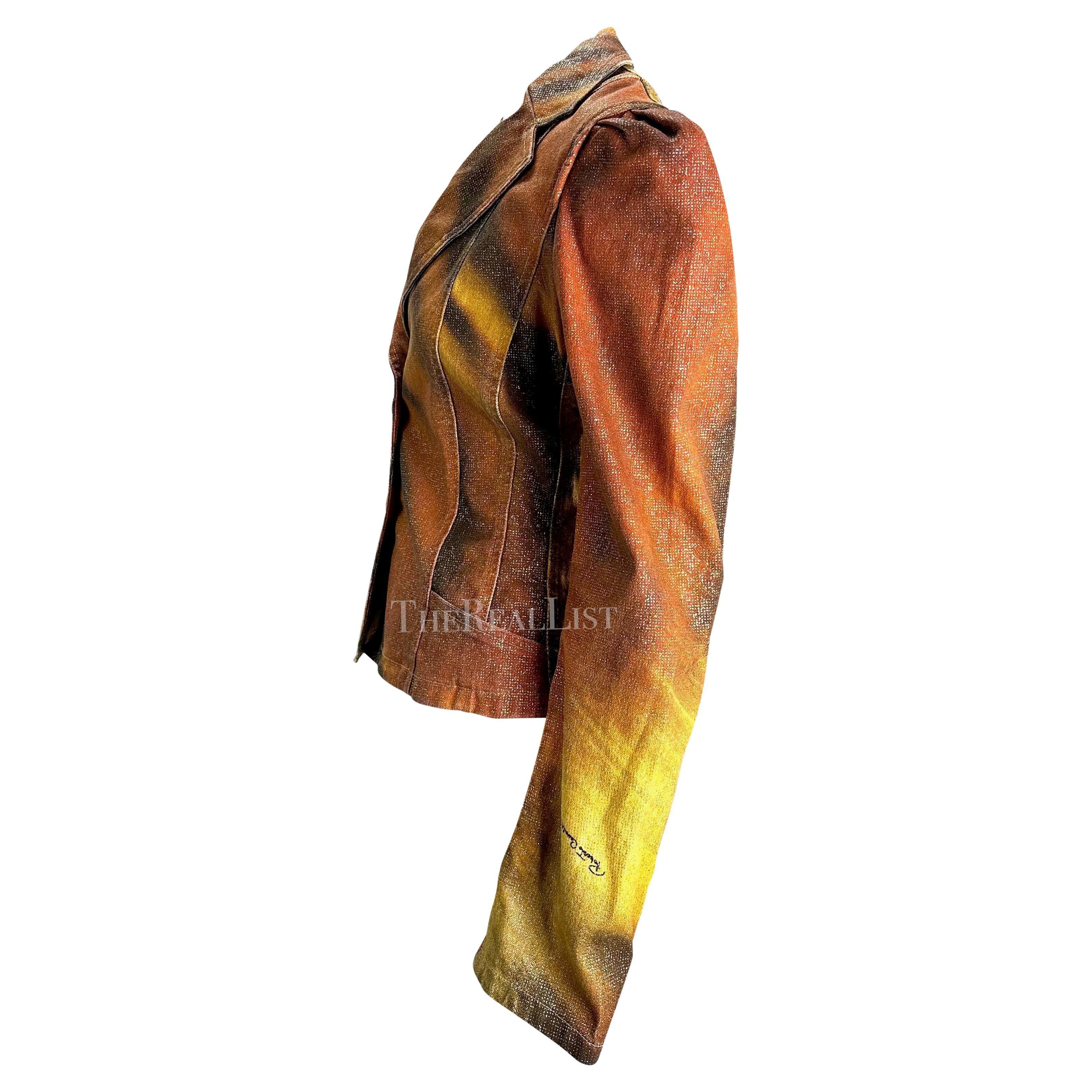 F/W 2000 Roberto Cavalli Chaqueta Blazer Naranja Estampado Tigre Purpurina en venta 3