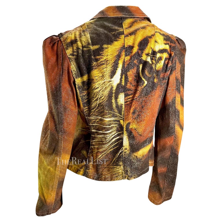 Jupe Vintage Roberto Cavalli Collection Automne 2000 - Imprimé Tigre Sur Denim - Taille XS Style Crayon