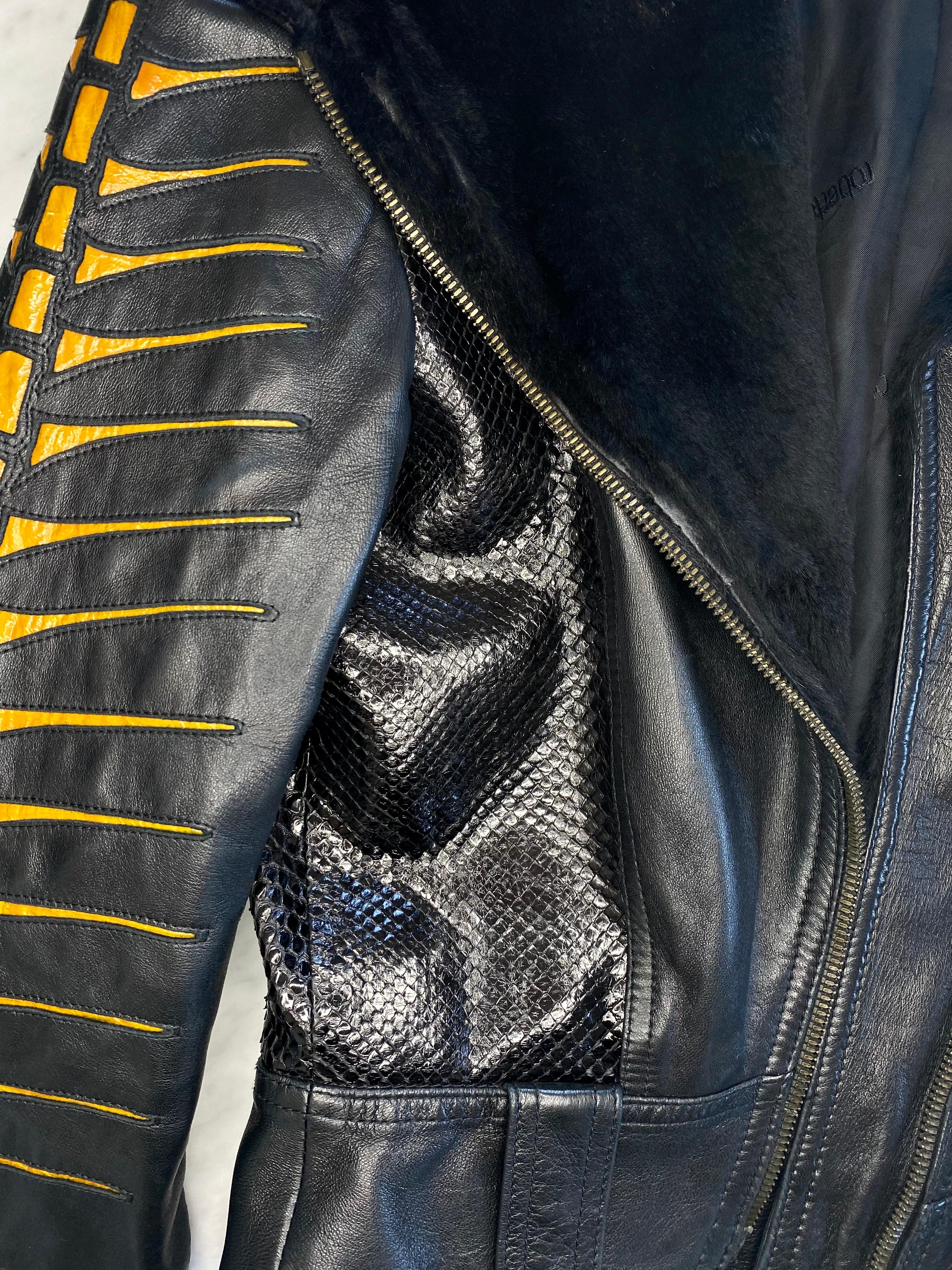 Women's F/W 2000 Roberto Cavalli Python Leather Fur Biker Jacket Python Accents Vintage For Sale