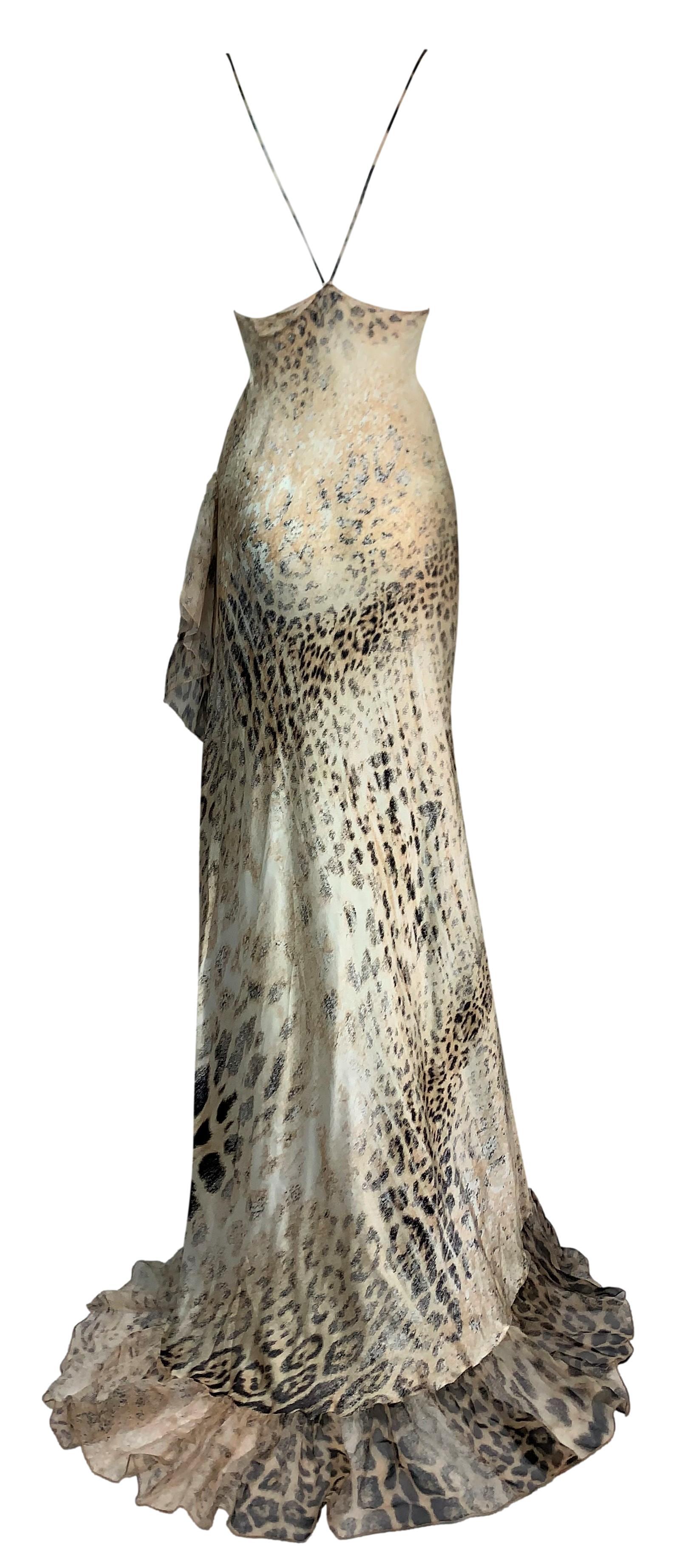 F/W 2000 Roberto Cavalli Sheer Silk Leopard High Slit Ruffle Gown Dress In Good Condition For Sale In Yukon, OK