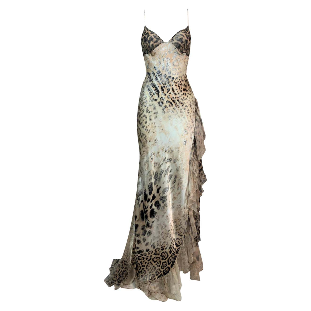 F/W 2000 Roberto Cavalli Sheer Silk Leopard High Slit Ruffle Gown Dress ...