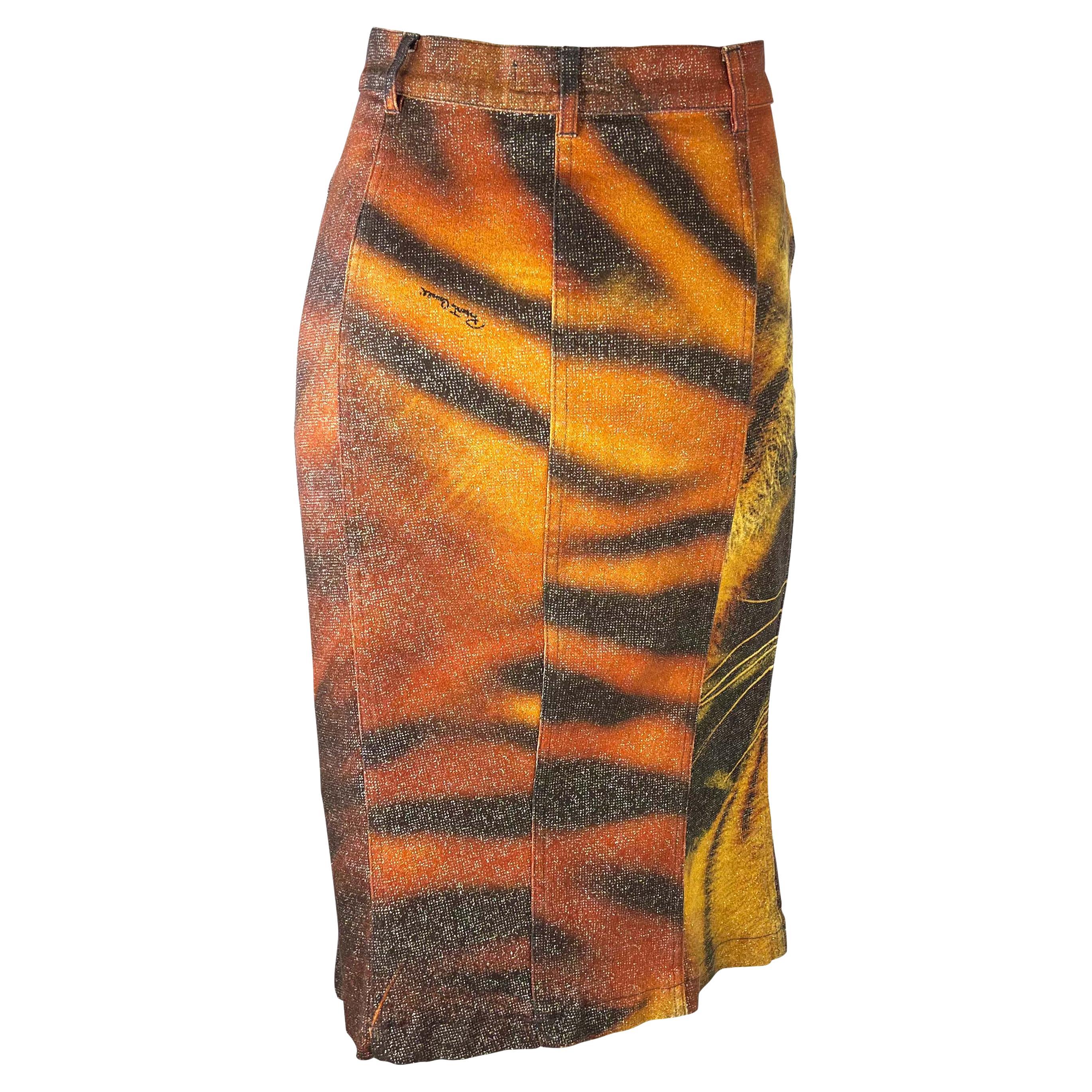 F/W 2000 Roberto Cavalli Tiger Print Metallic Glitter Denim Skirt Y2K For Sale 1