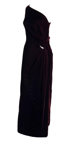 F/W 2000 Thierry Mugler Rhinestone Burgundy Velvet Single Shoulder Runway Gown