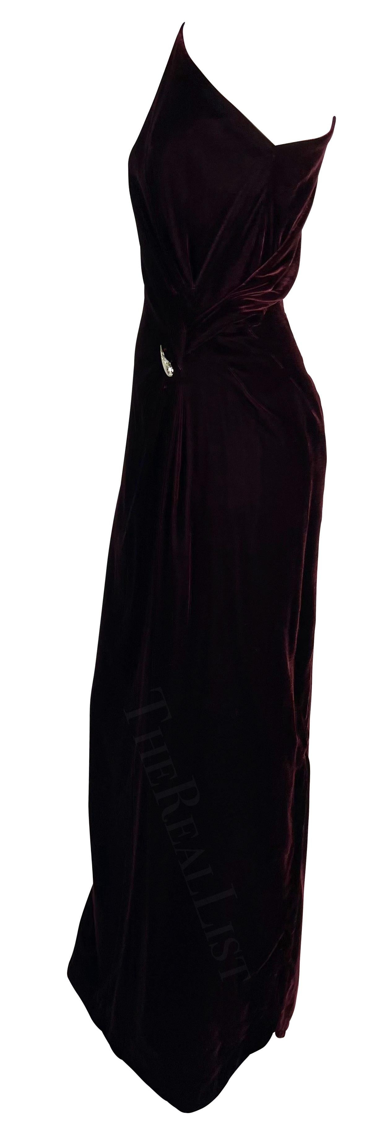 Women's F/W 2000 Thierry Mugler Rhinestone Burgundy Velvet Single Shoulder Runway Gown For Sale