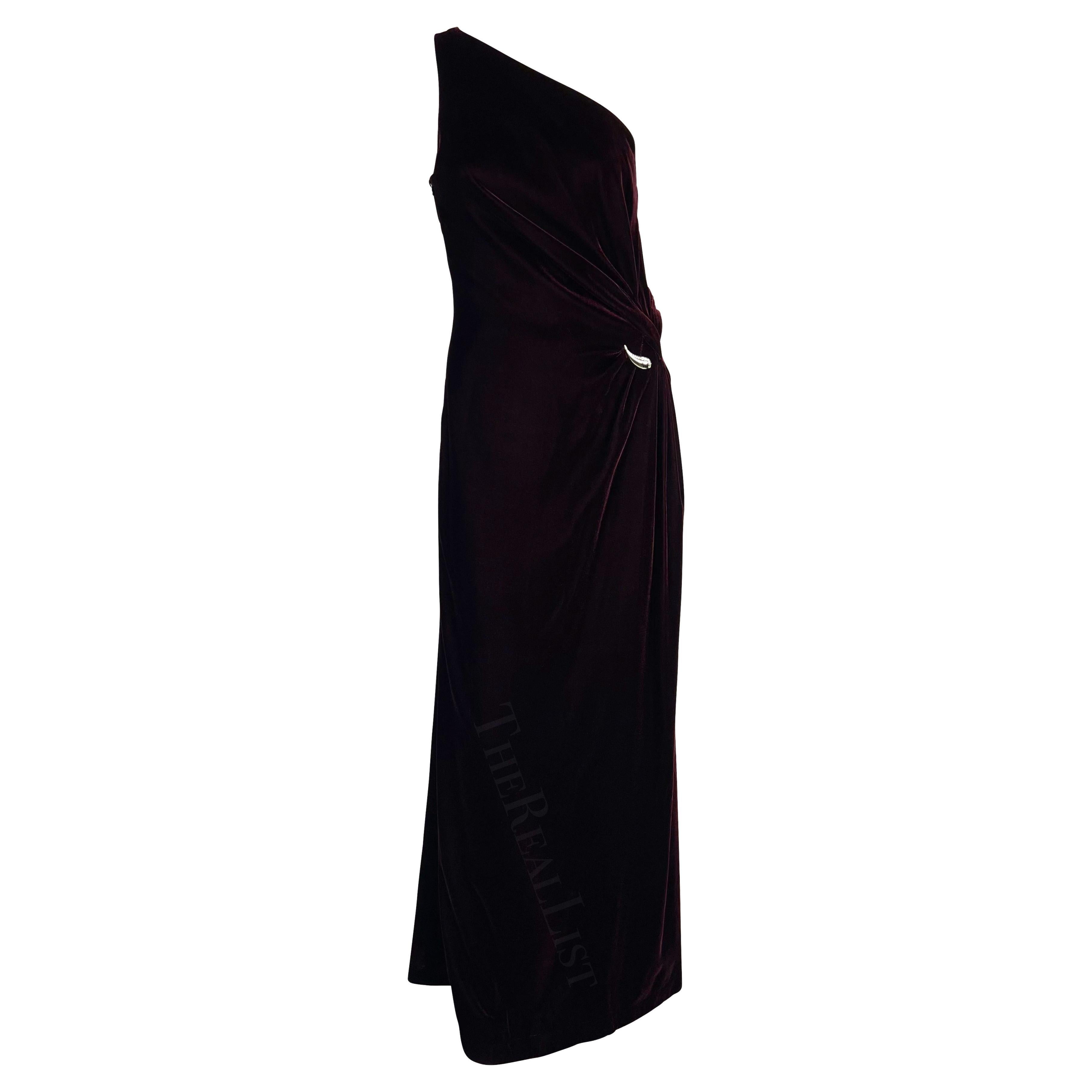 F/W 2000 Thierry Mugler Rhinestone Burgundy Velvet Single Shoulder Runway Gown For Sale