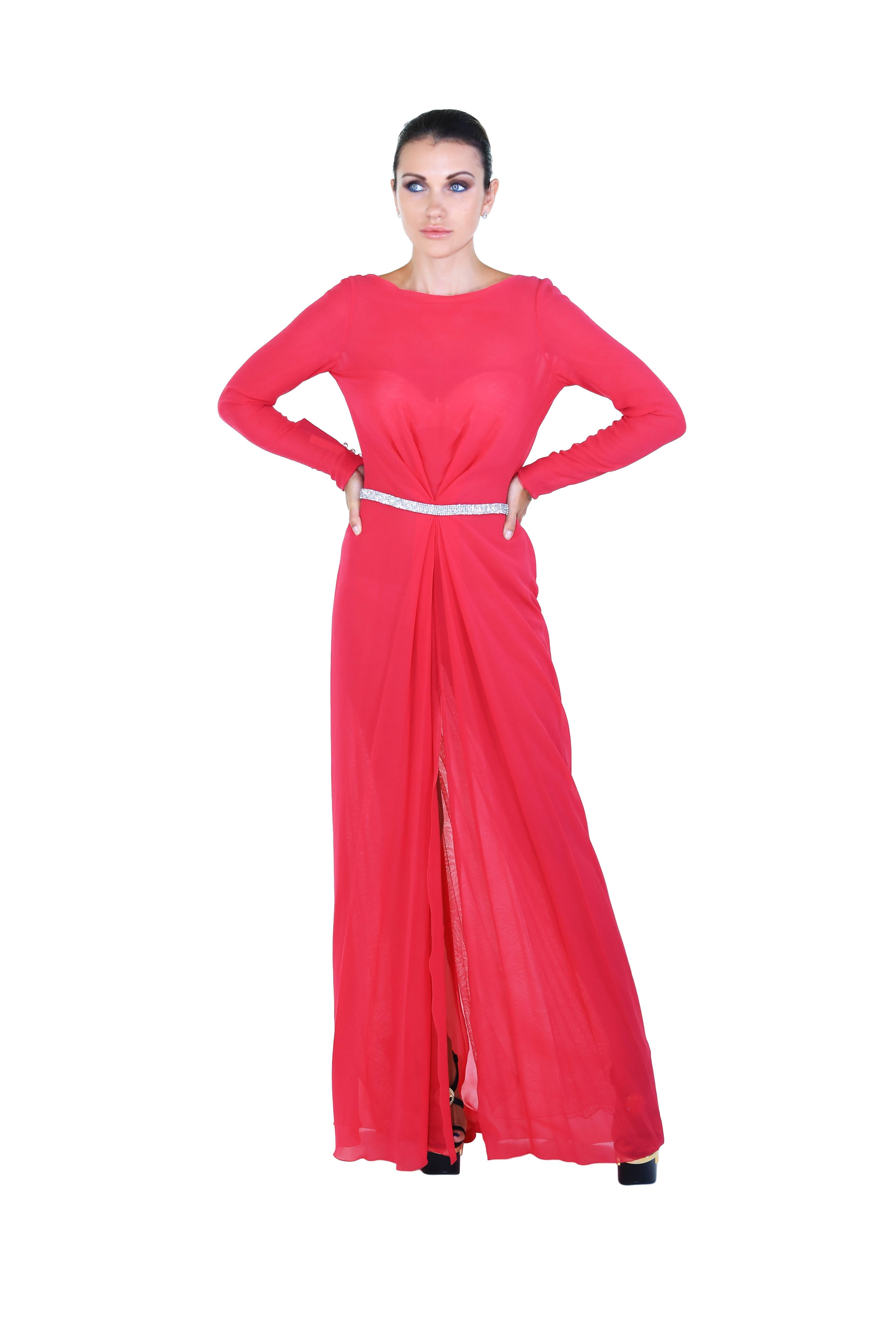 F/W 2000 Vintage Gianni Versace Couture Rosa Seidenspitze-Kleid mit Kristallgürtel, neu mit Etikett im Zustand „Neu“ im Angebot in Montgomery, TX