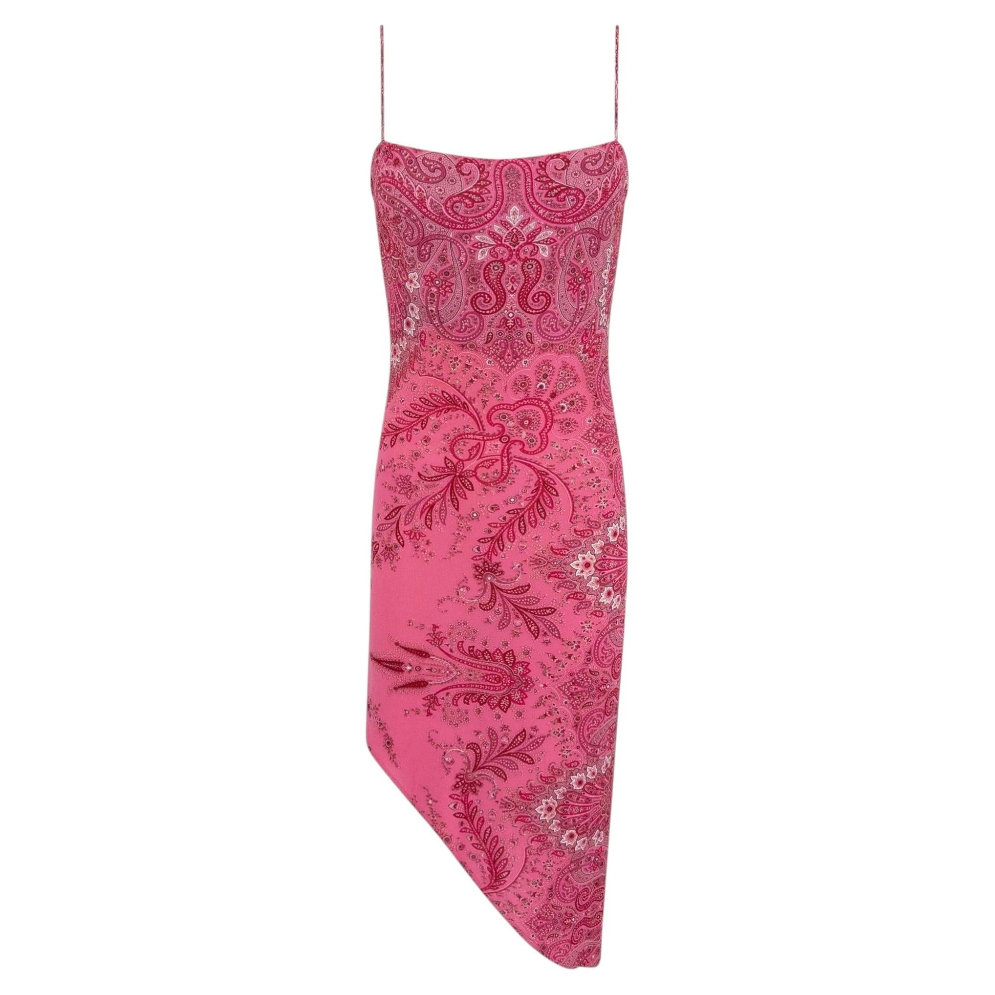 Herbst/Winter 2000 – Yigal Azrouël – Rosa Viskose-Kleid mit Paisley-Muster, asymmetrischer Schnitt, US-Größe 2