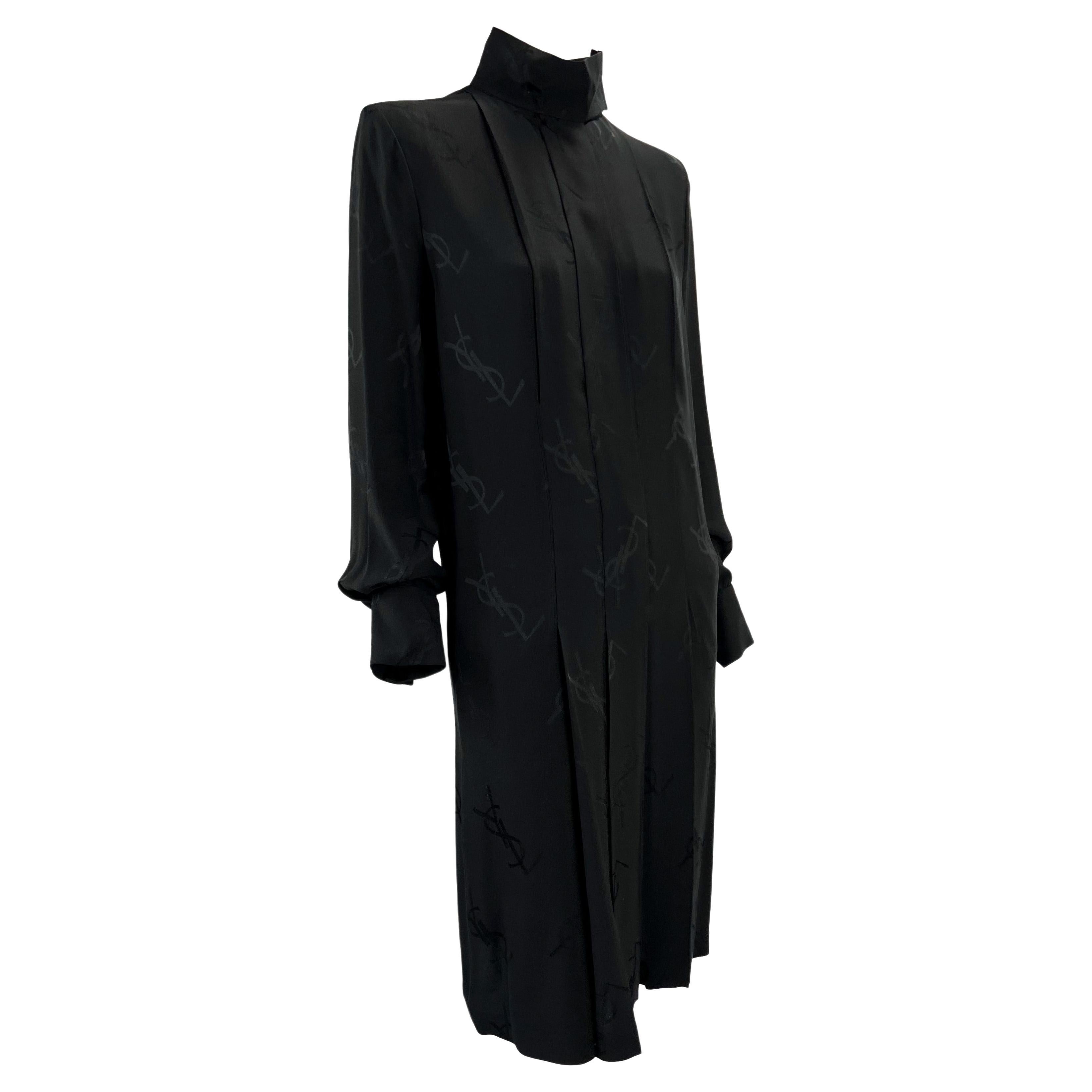 F/W 2000 Yves Saint Laurent YSL Monogram Print Black Silk Pleated Dress For Sale 2