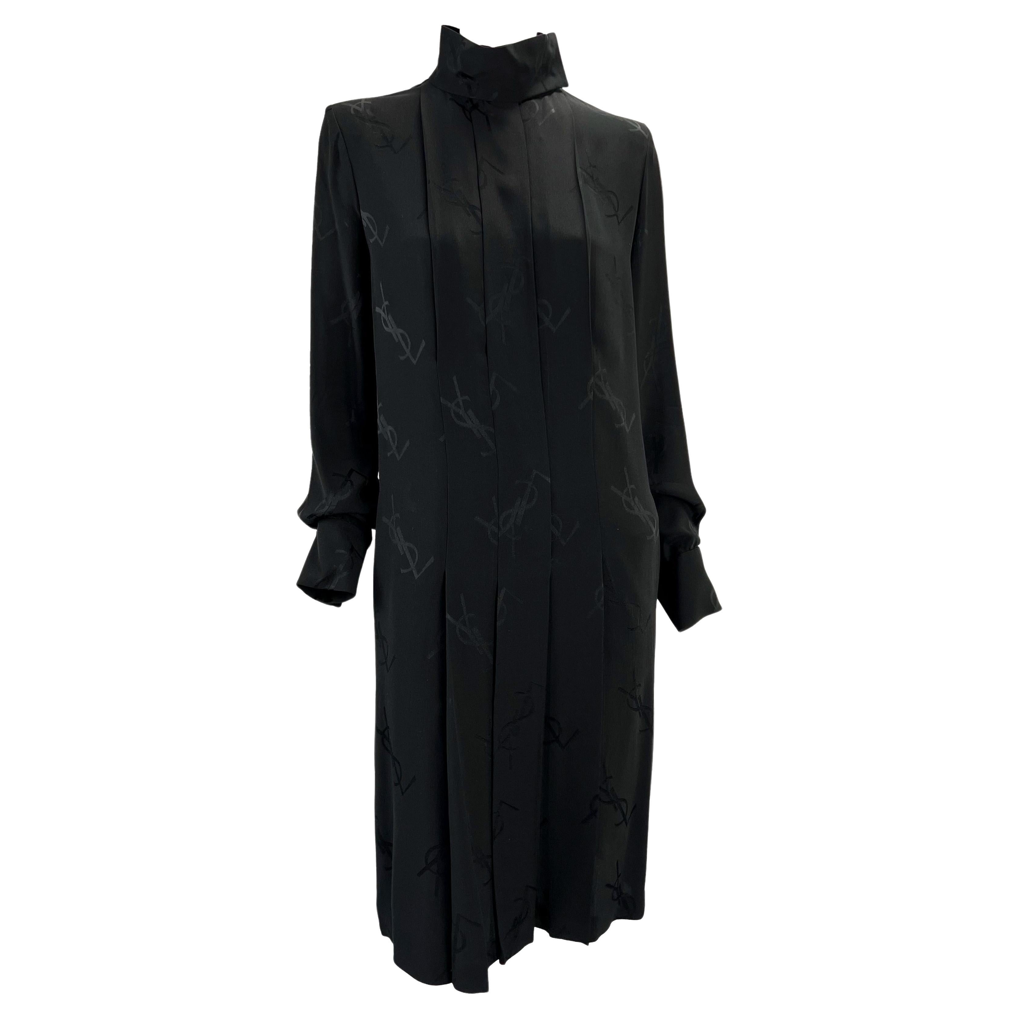 F/W 2000 Yves Saint Laurent YSL Monogram Print Black Silk Pleated Dress For Sale