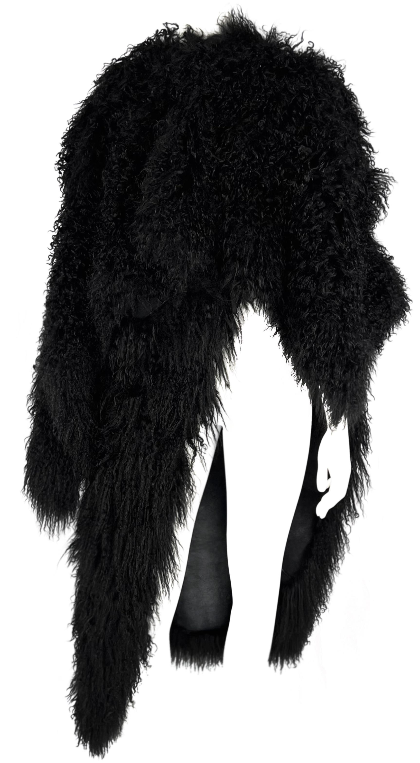 Women's F/W 2001 Ann Demeulemeester Mongolian Lamb Fur Full-Length Black Poncho Coat