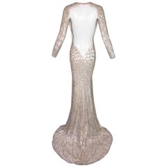 F/W 2001 Atelier Versace Runway 20's Style Beaded L/S Bridal Mesh Gown Dress