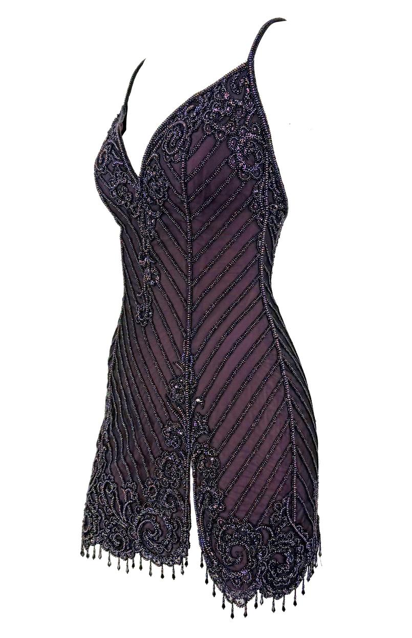 F/W 2001 Bob Mackie 'Foreign Intrigue' Laufsteg Perlenbesetztes lila Mini-Slipkleid im Angebot 1