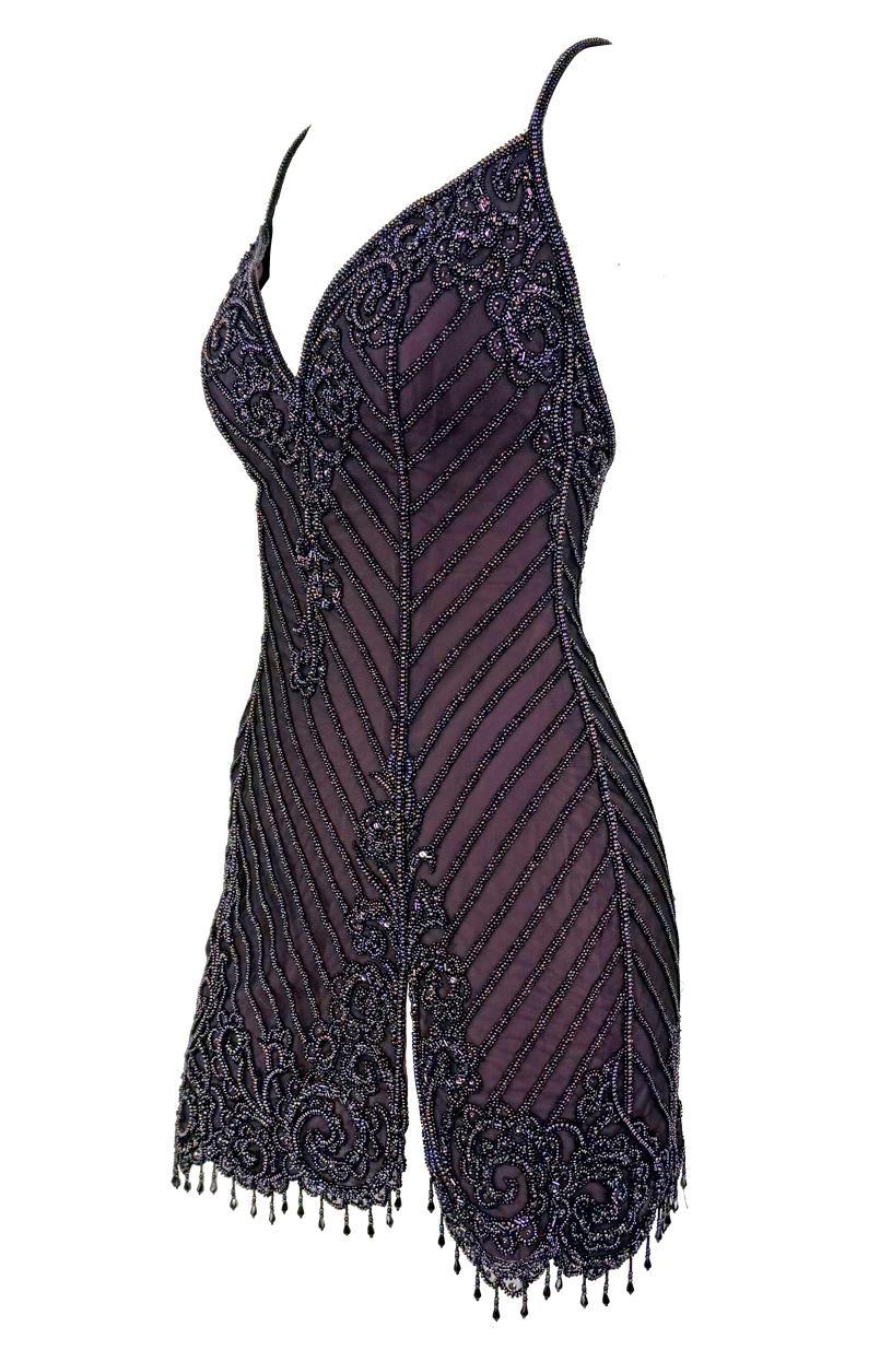 F/H 2001 Bob Mackie 'Foreign Intrigue' Runway Mini Slip Dress violette perlée en vente 2