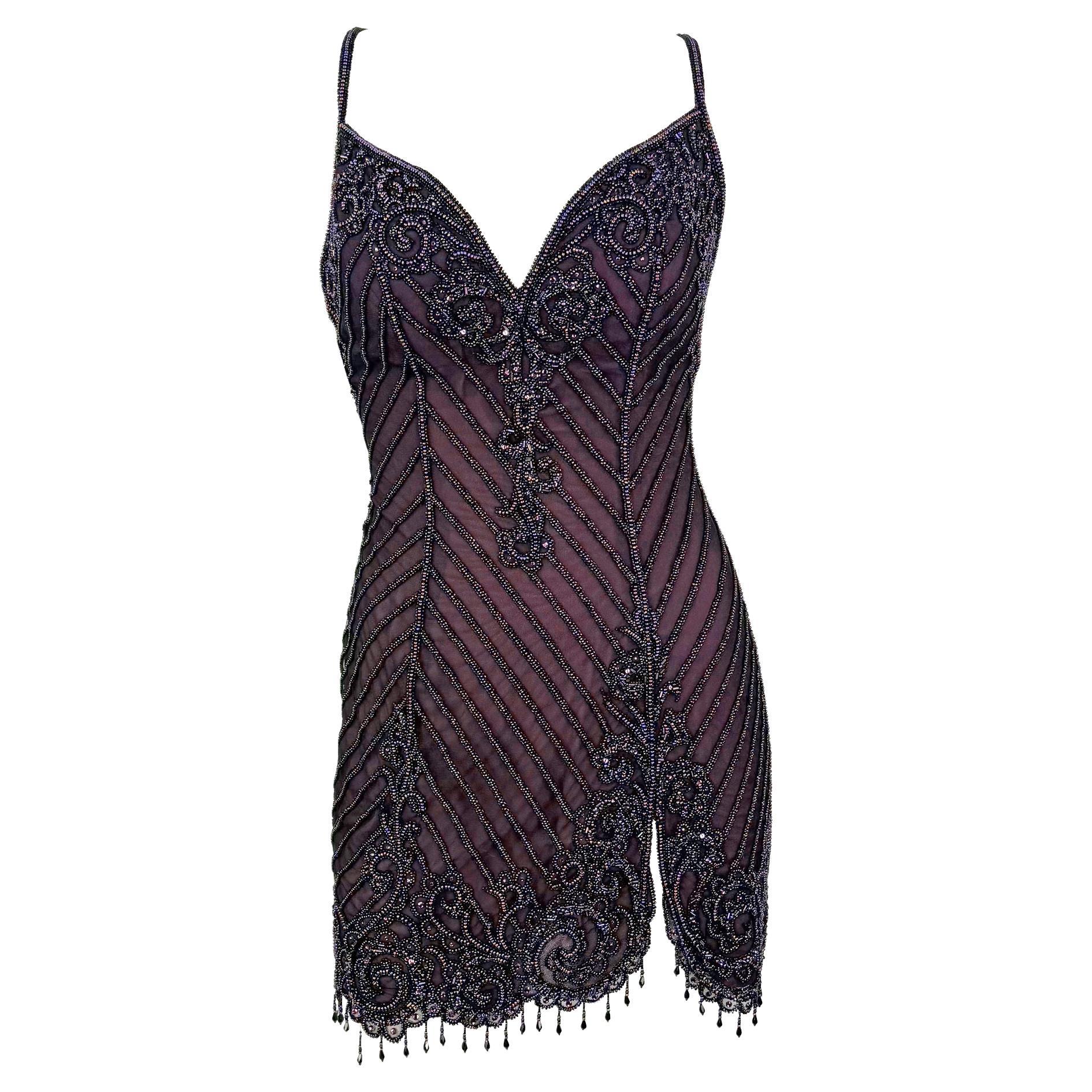 F/W 2001 Bob Mackie 'Foreign Intrigue' Laufsteg Perlenbesetztes lila Mini-Slipkleid