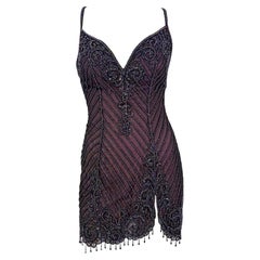 F/H 2001 Bob Mackie 'Foreign Intrigue' Runway Mini Slip Dress violette perlée