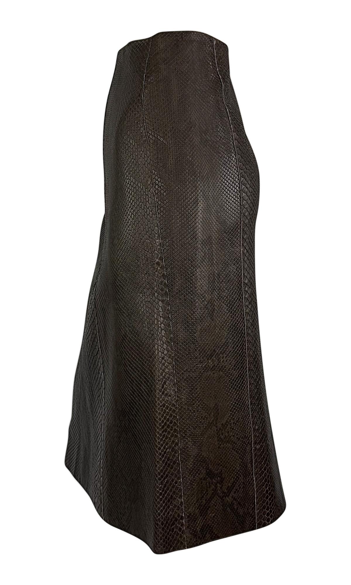 Women's F/W 2000 Calvin Klein Genuine Python Chocolate Brown Leather Midi Skirt For Sale
