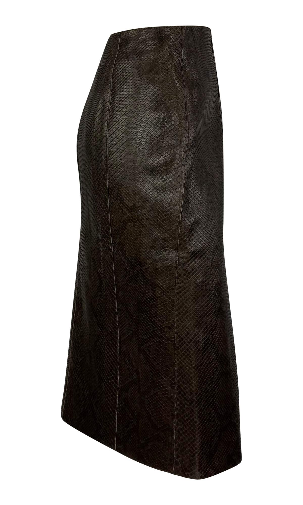 F/W 2000 Calvin Klein Genuine Python Chocolate Brown Leather Midi Skirt For Sale 2
