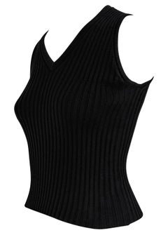 F/W 2001 Chanel by Karl Lagerfeld Black Ribbed Knit Sleeveless V Neck Top