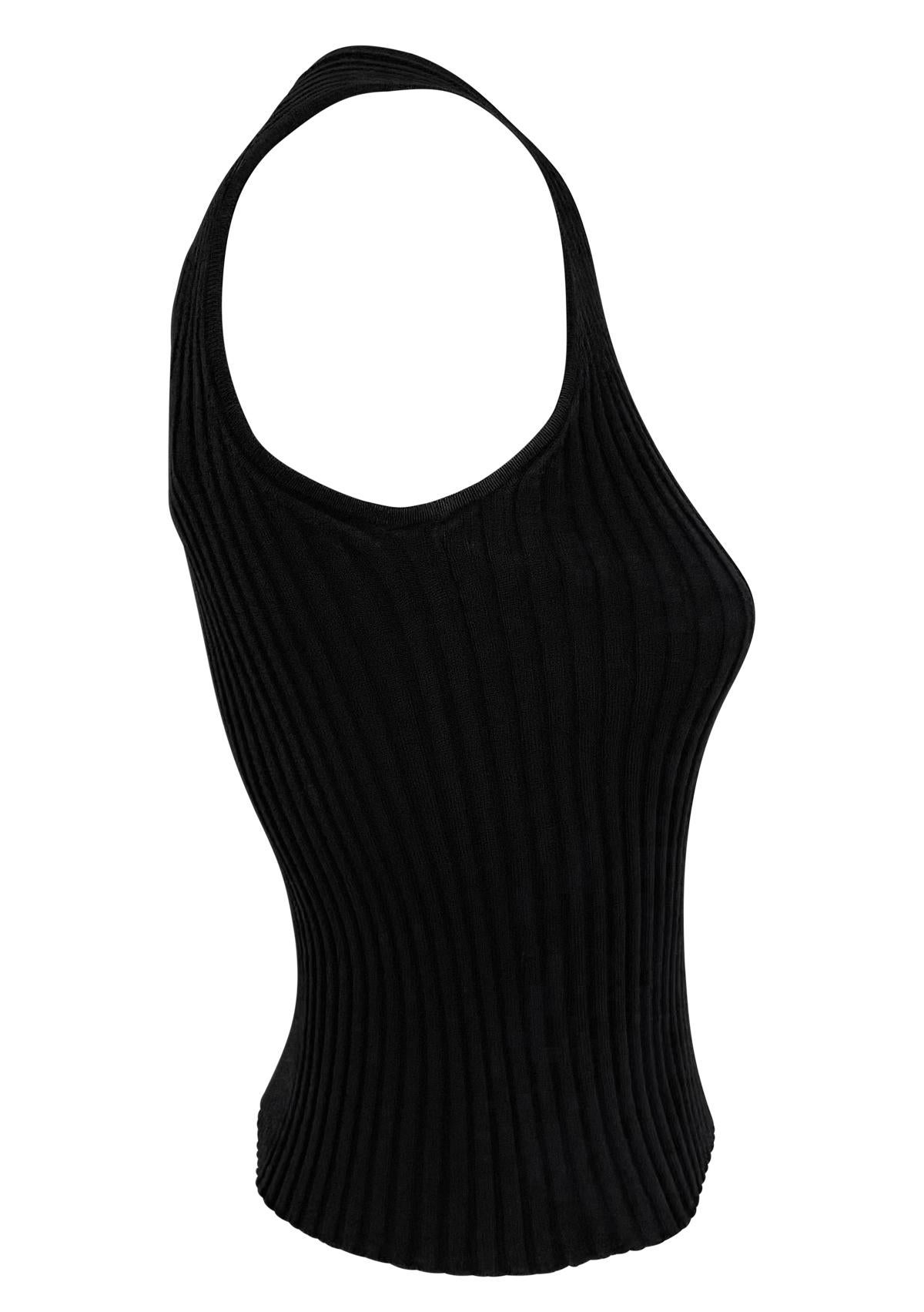 F/W 2001 Chanel by Karl Lagerfeld Schwarzes geripptes Strickoberteil ohne Ärmel mit V-Ausschnitt im Angebot 2