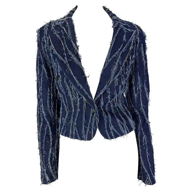 F/W 2001 Christian Dior by John Galliano Distressed Denim Panel Sheer Jacket For Sale